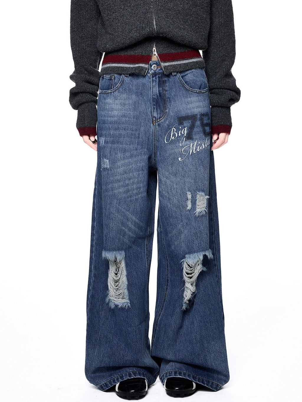 EZEK Distressed Ripped Letter Print Women's Cotton Blend Straight-leg Jeans