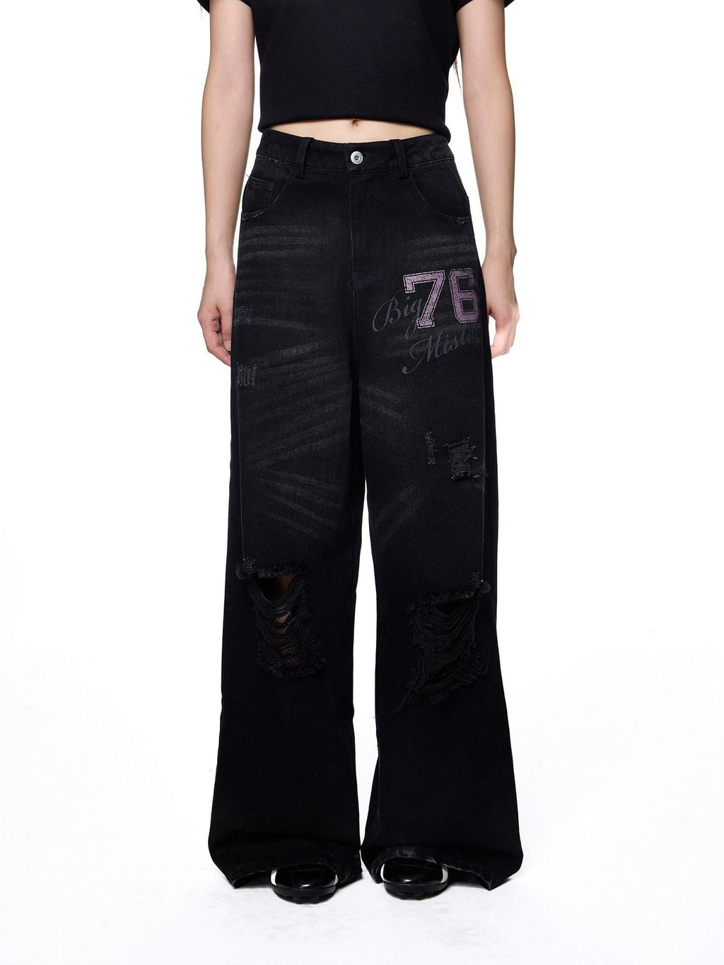 EZEK Distressed Ripped Letter Print Women's Cotton Blend Straight-leg Jeans