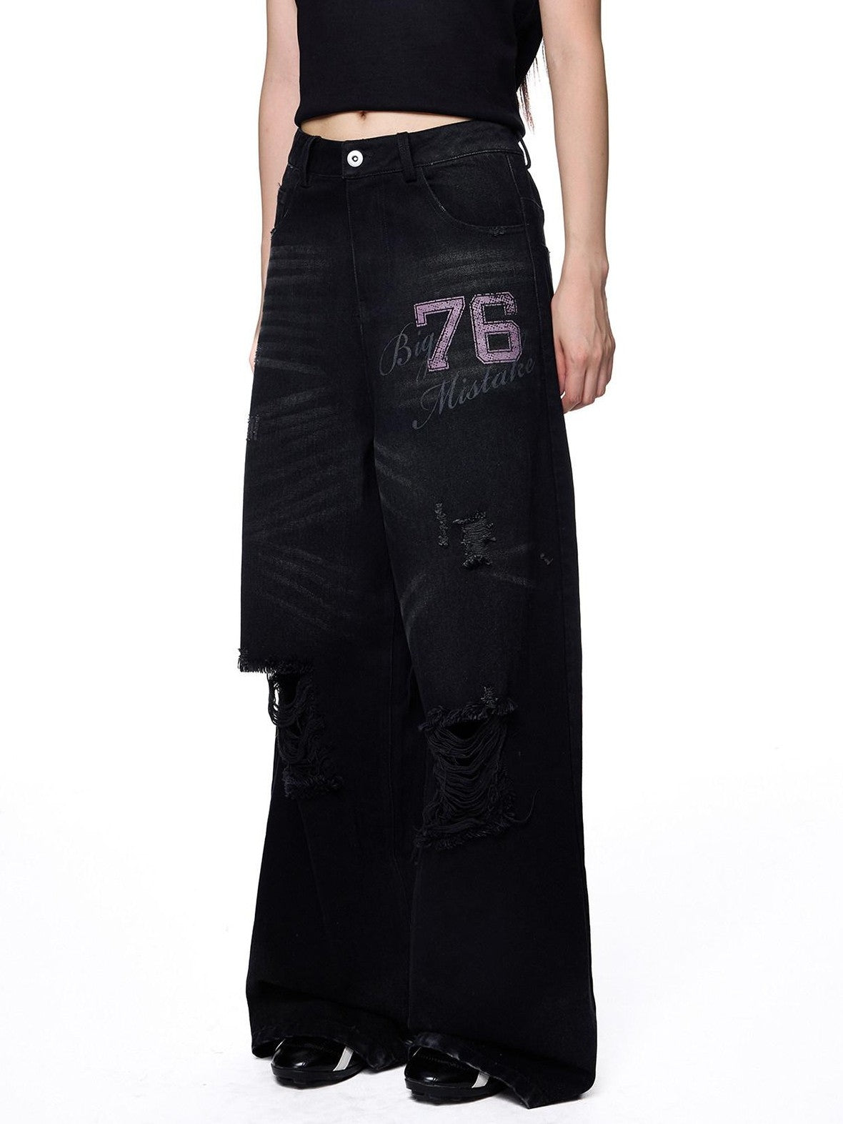EZEK Distressed Ripped Letter Print Women's Cotton Blend Straight-leg Jeans