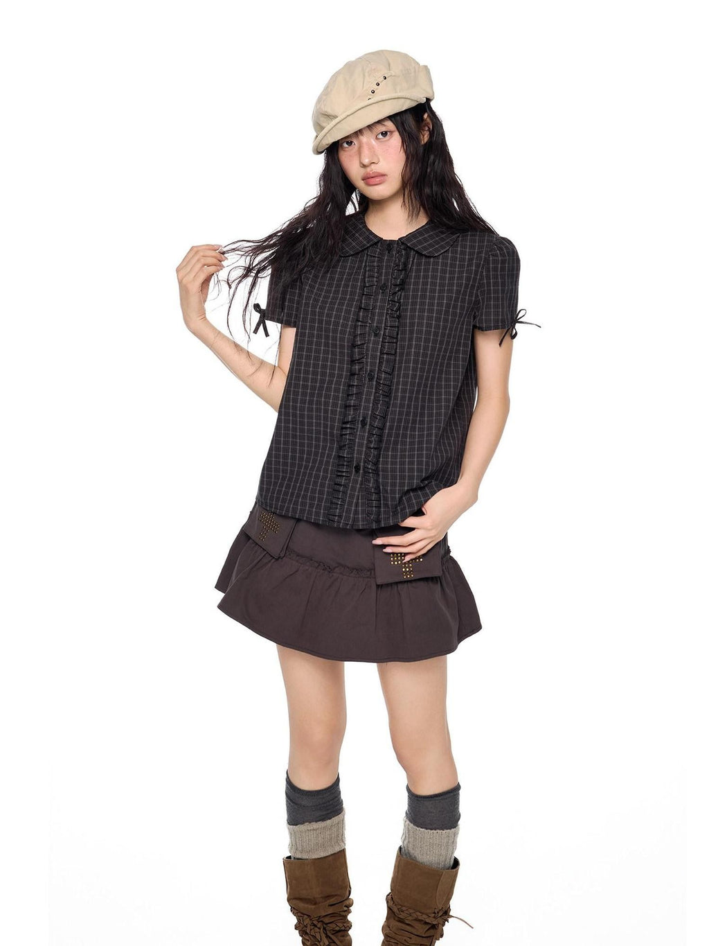 EZEK Doll Collar Shirred Bow Plaid Women's Cotton Short Sleeve T-shirts