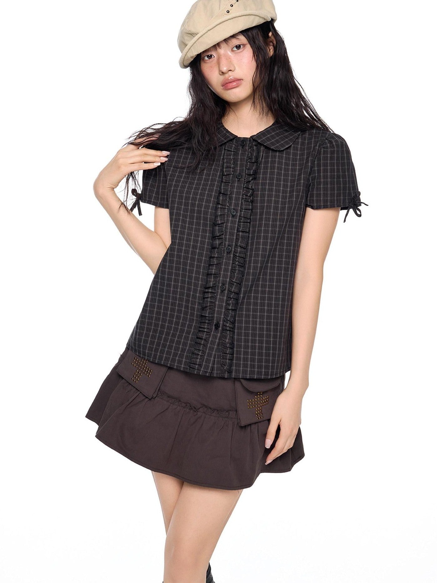 EZEK Doll Collar Shirred Bow Plaid Women's Cotton Short Sleeve T-shirts