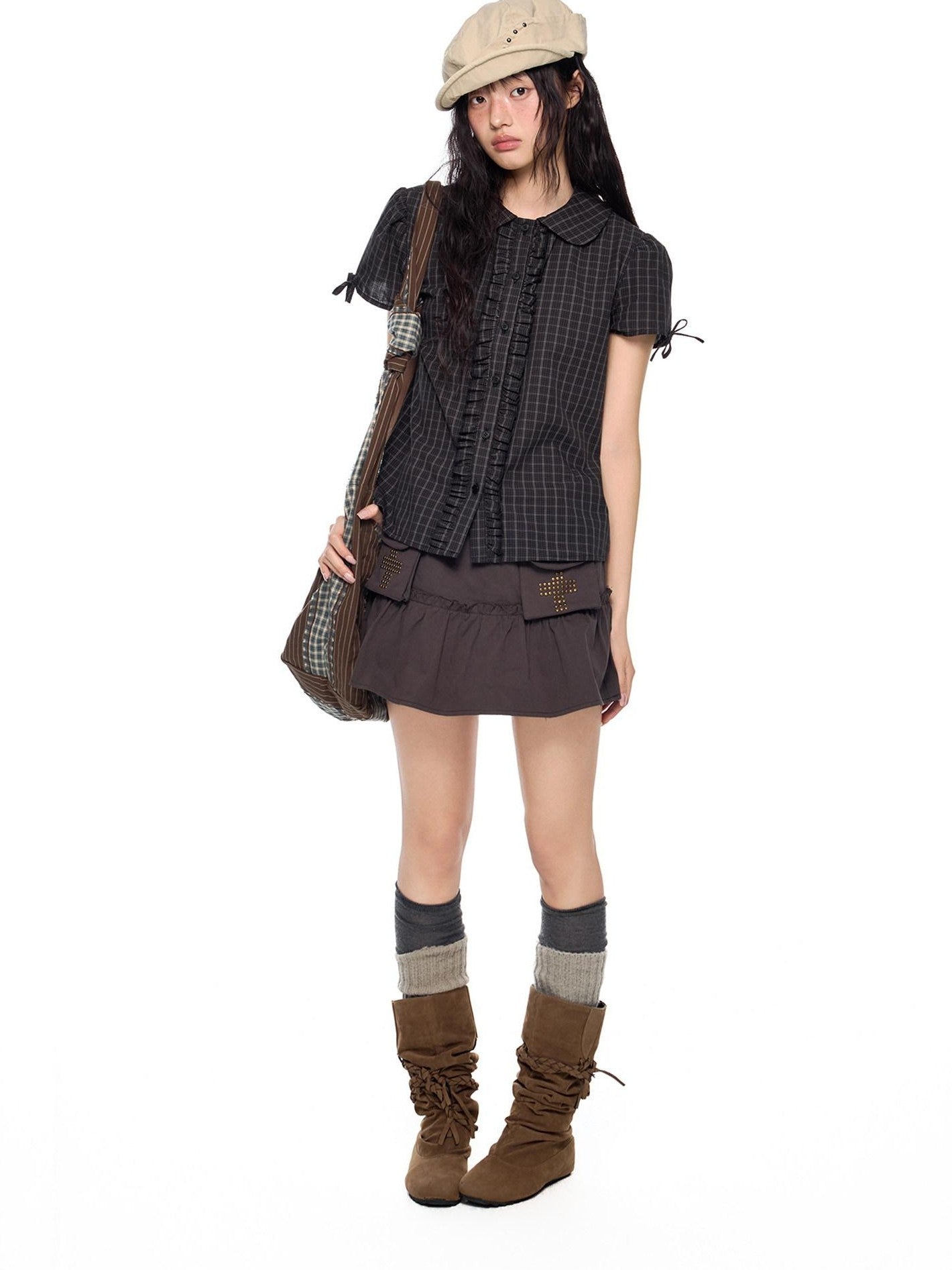 EZEK Doll Collar Shirred Bow Plaid Women's Cotton Short Sleeve T-shirts