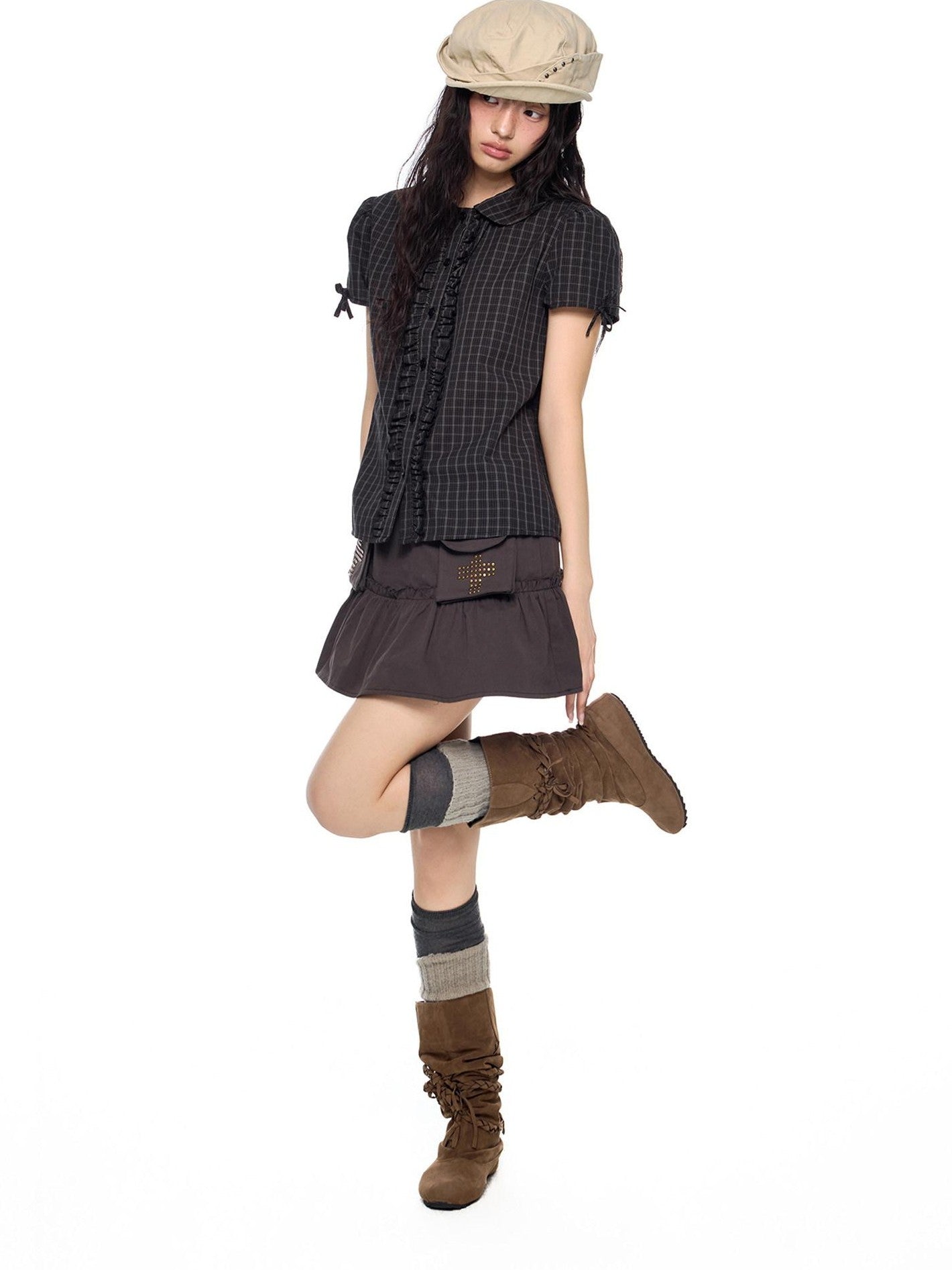 EZEK Doll Collar Shirred Bow Plaid Women's Cotton Short Sleeve T-shirts