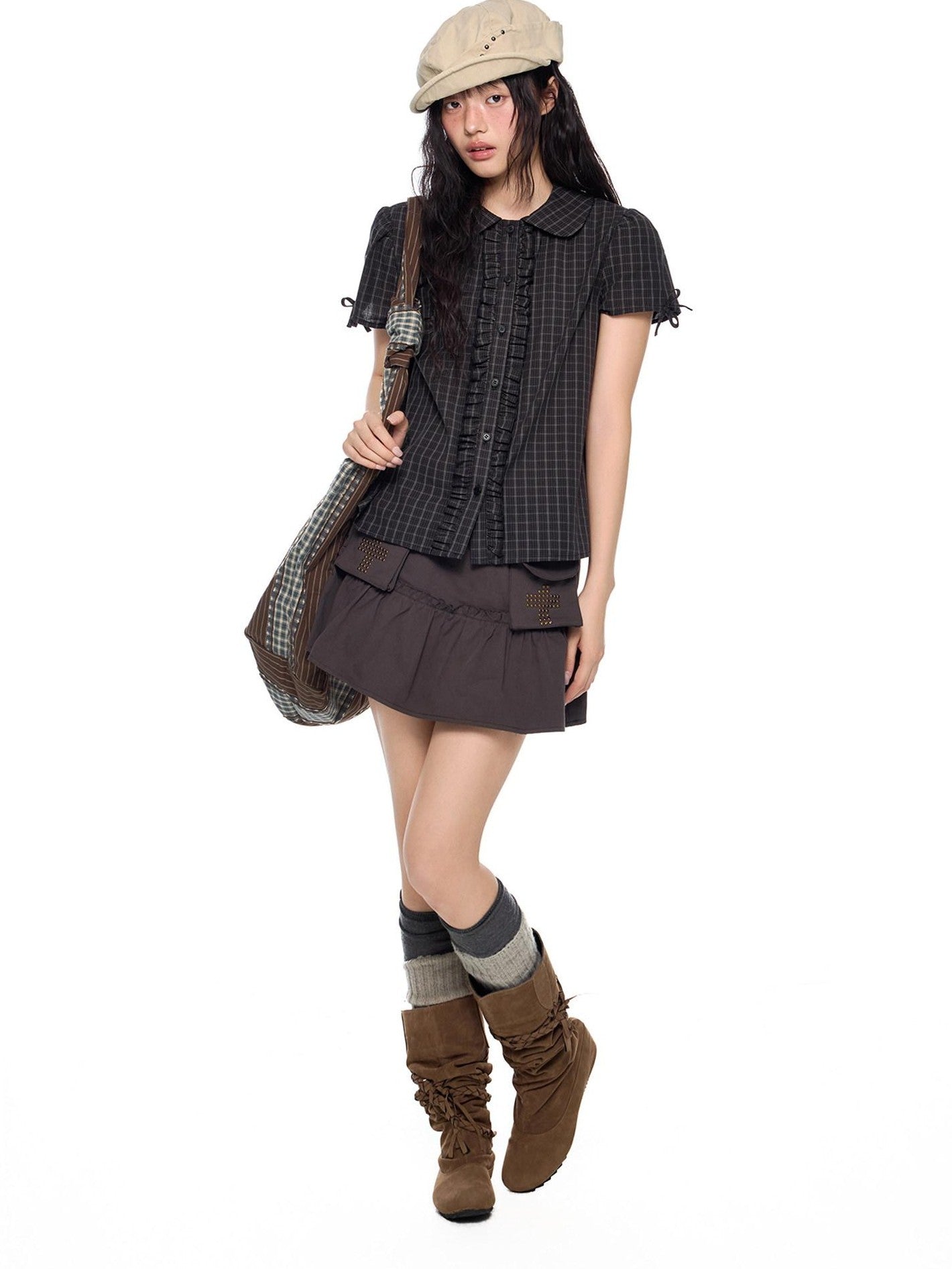EZEK Doll Collar Shirred Bow Plaid Women's Cotton Short Sleeve T-shirts