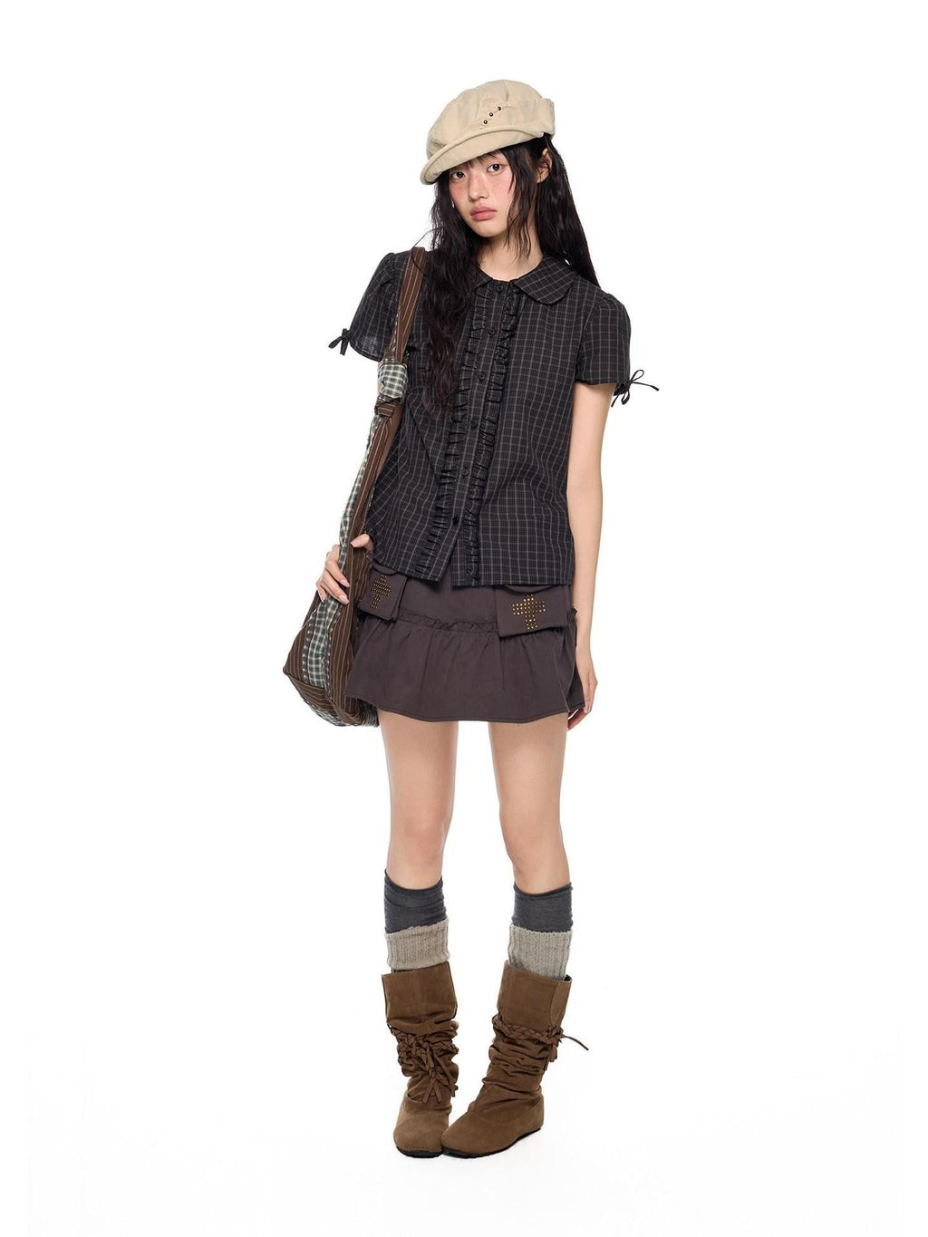 EZEK Doll Collar Shirred Bow Plaid Women's Cotton Short Sleeve T-shirts