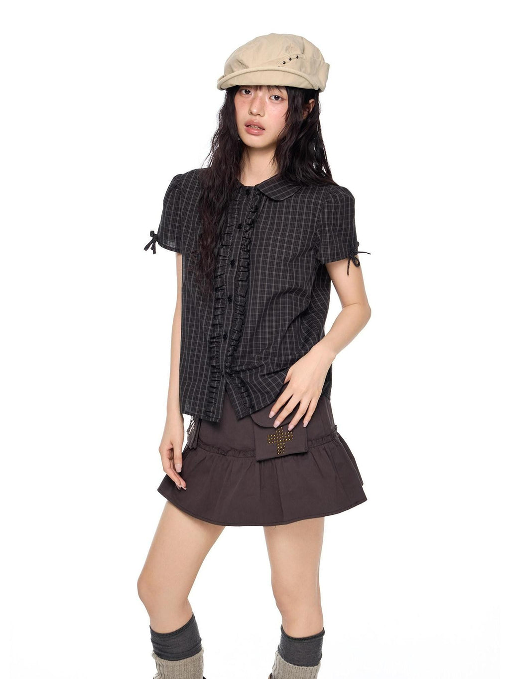 EZEK Doll Collar Shirred Bow Plaid Women's Cotton Short Sleeve T-shirts
