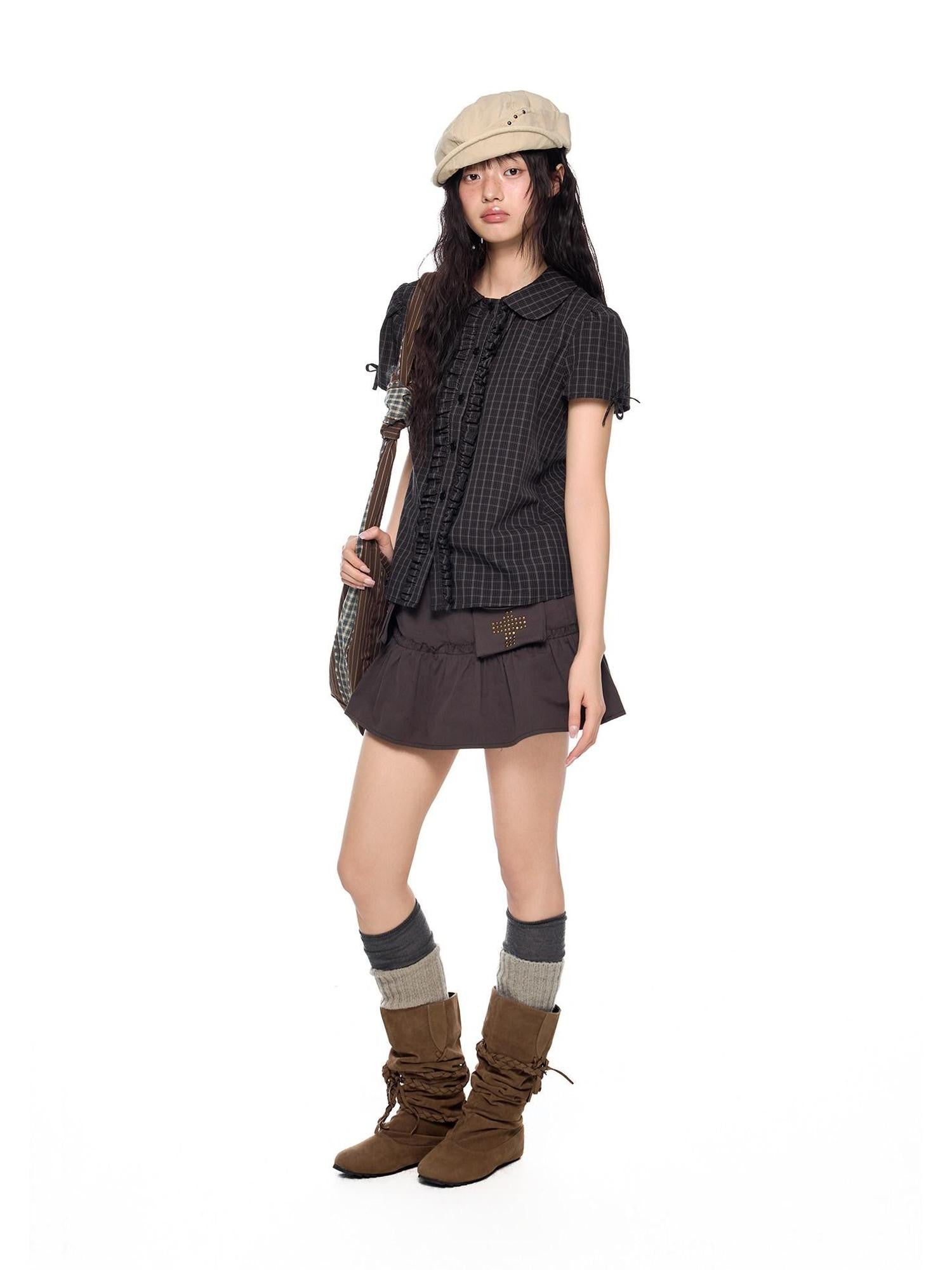 EZEK Doll Collar Shirred Bow Plaid Women's Cotton Short Sleeve T-shirts