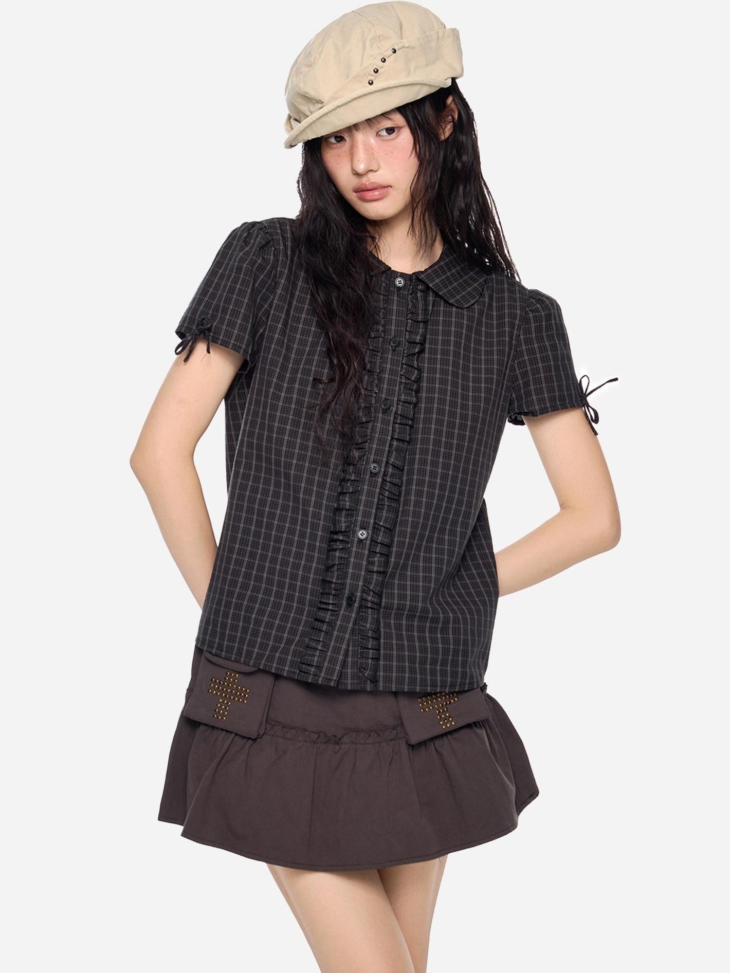 EZEK Doll Collar Shirred Bow Plaid Women's Cotton Short Sleeve T-shirts