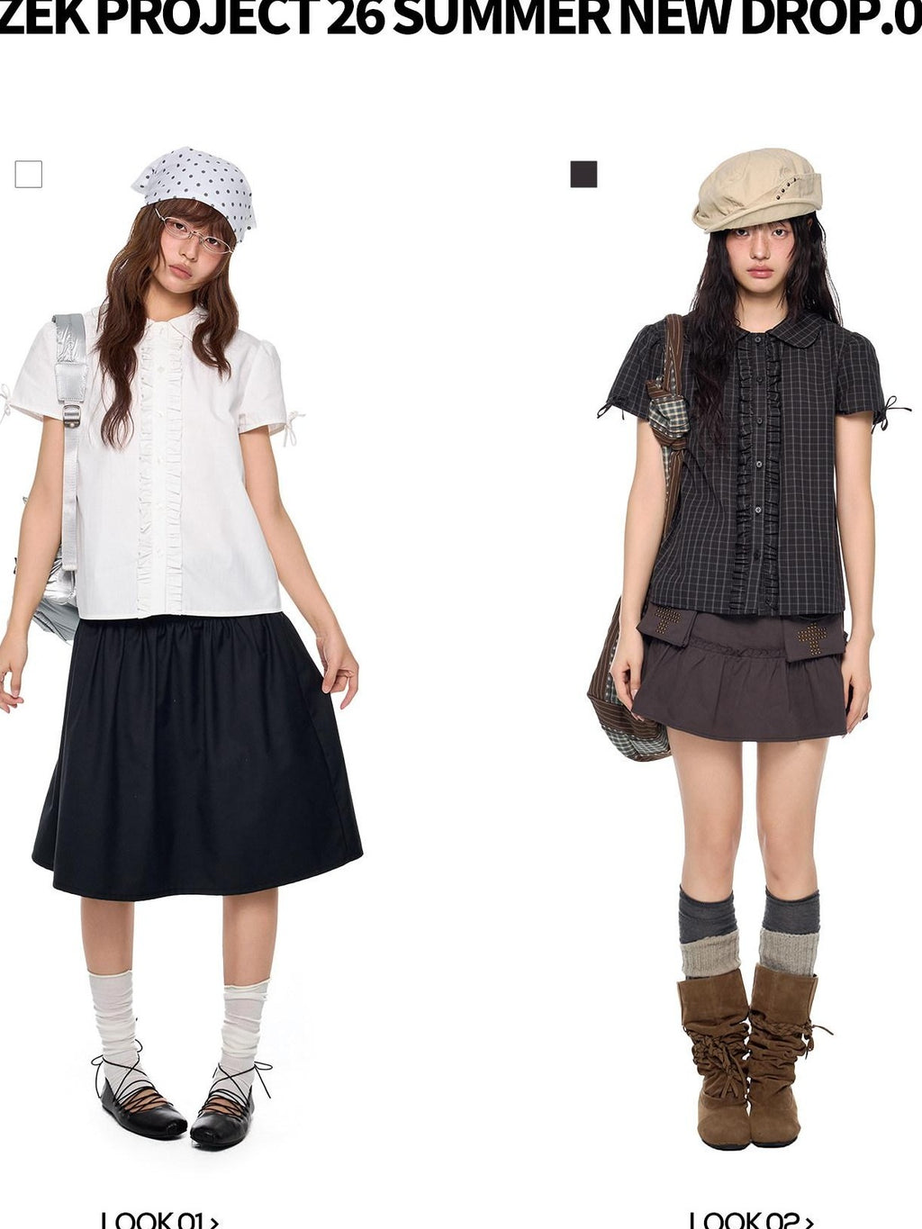 EZEK Doll Collar Shirred Bow Plaid Women's Cotton Short Sleeve T-shirts