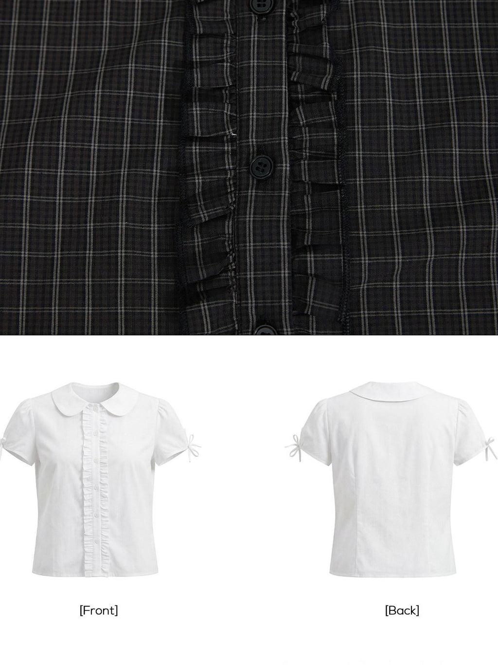 EZEK Doll Collar Shirred Bow Plaid Women's Cotton Short Sleeve T-shirts