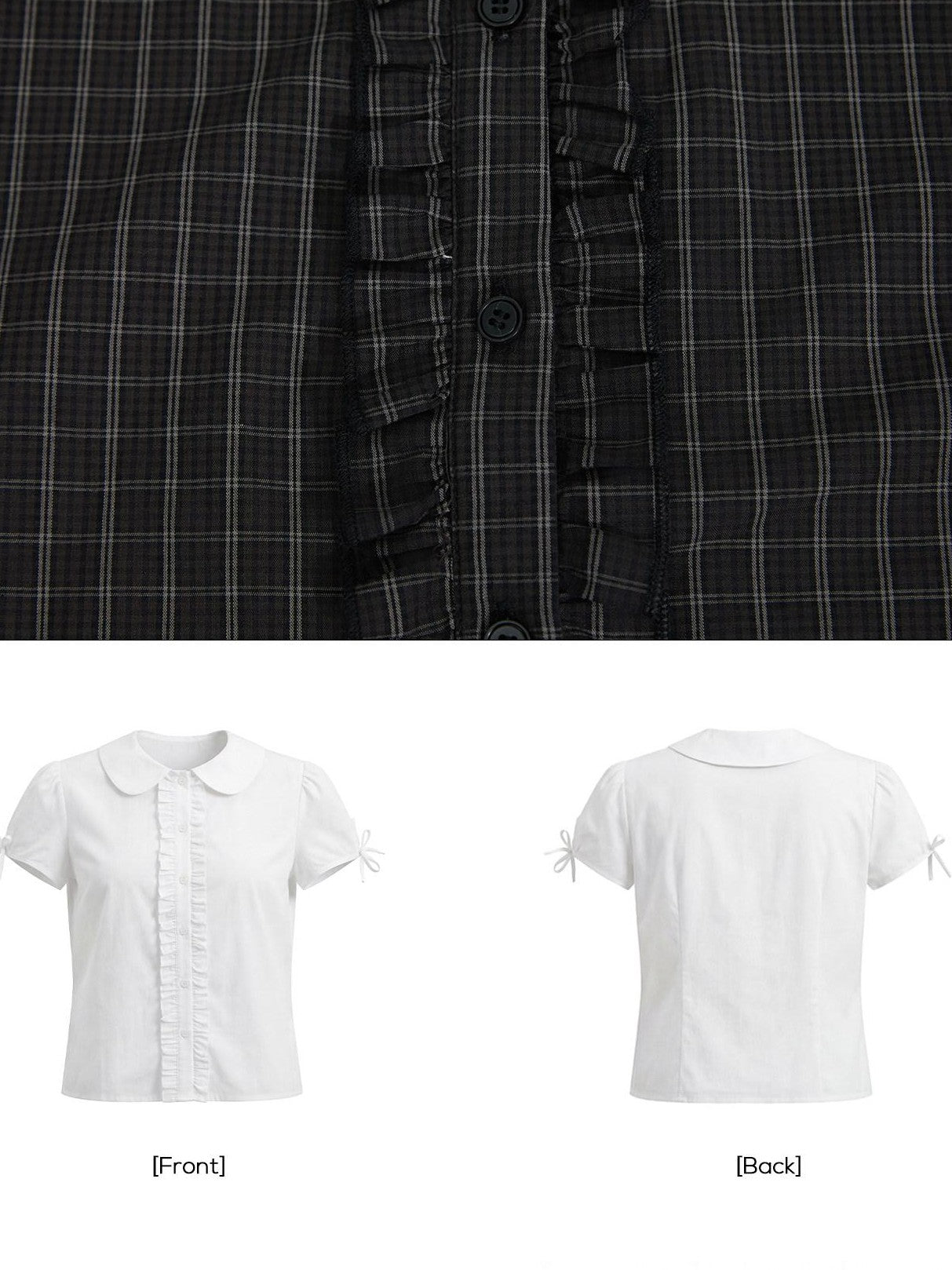 EZEK Doll Collar Shirred Bow Plaid Women's Cotton Short Sleeve T-shirts