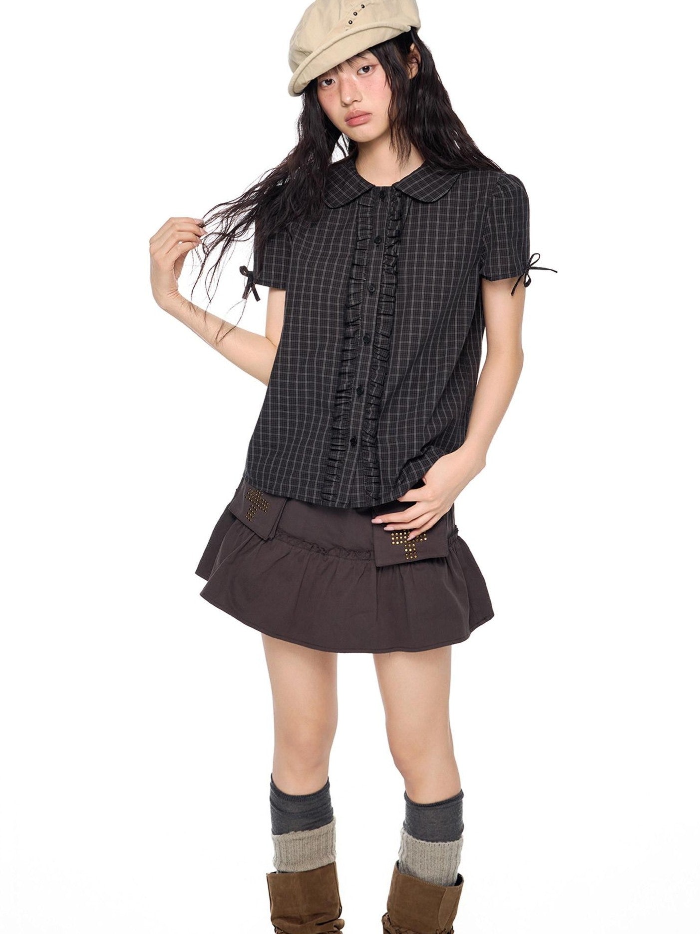 EZEK Doll Collar Shirred Bow Plaid Women's Cotton Short Sleeve T-shirts
