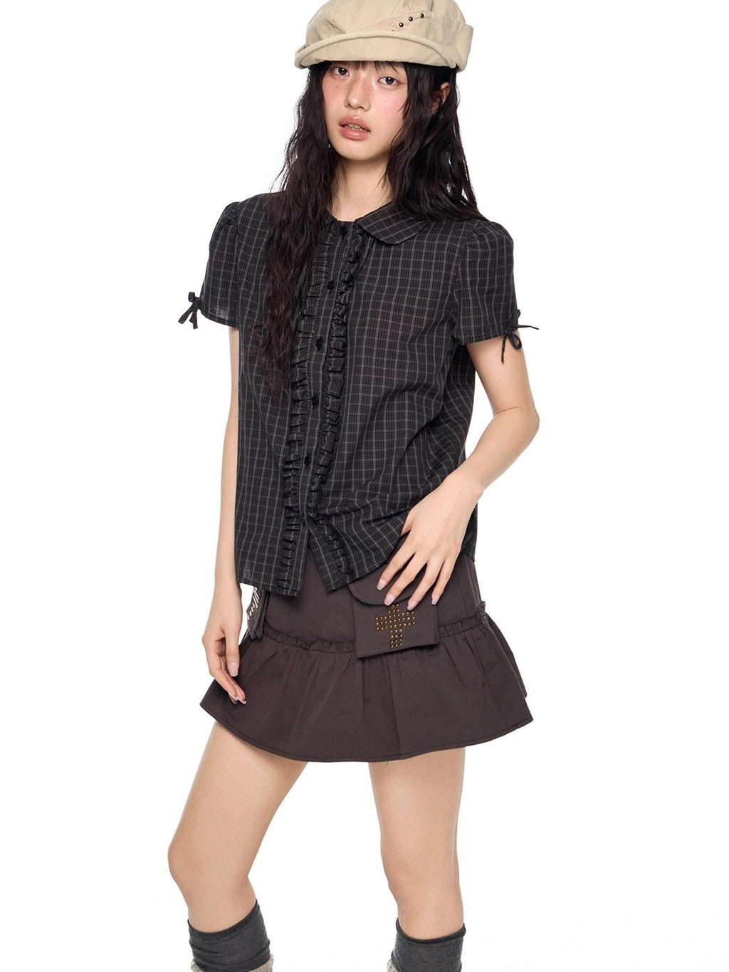 EZEK Doll Collar Shirred Bow Plaid Women's Cotton Short Sleeve T-shirts