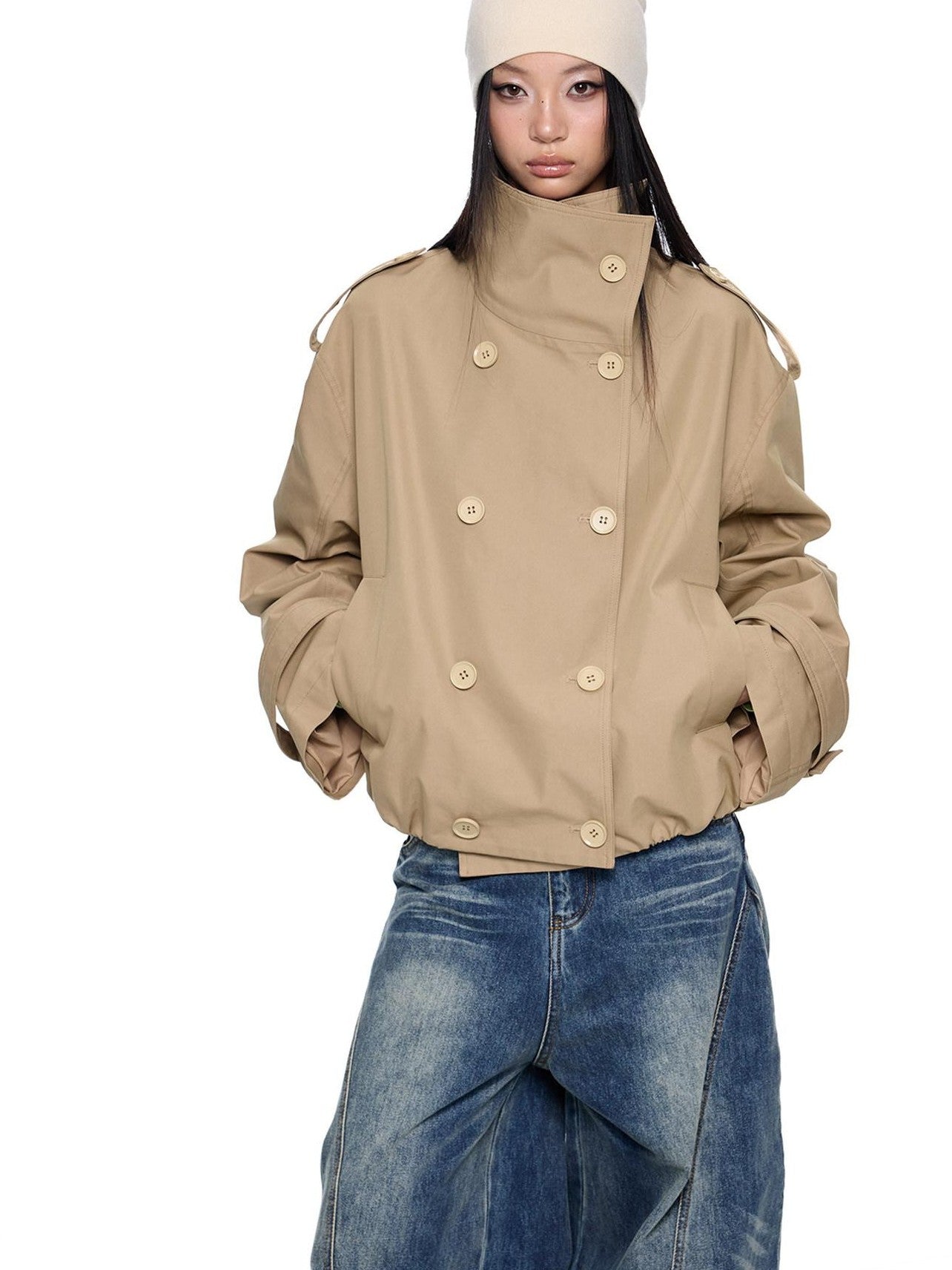 EZEK Double Breasted Stand Collar Pocket Loose Women's Cotton Blend Trench Coats