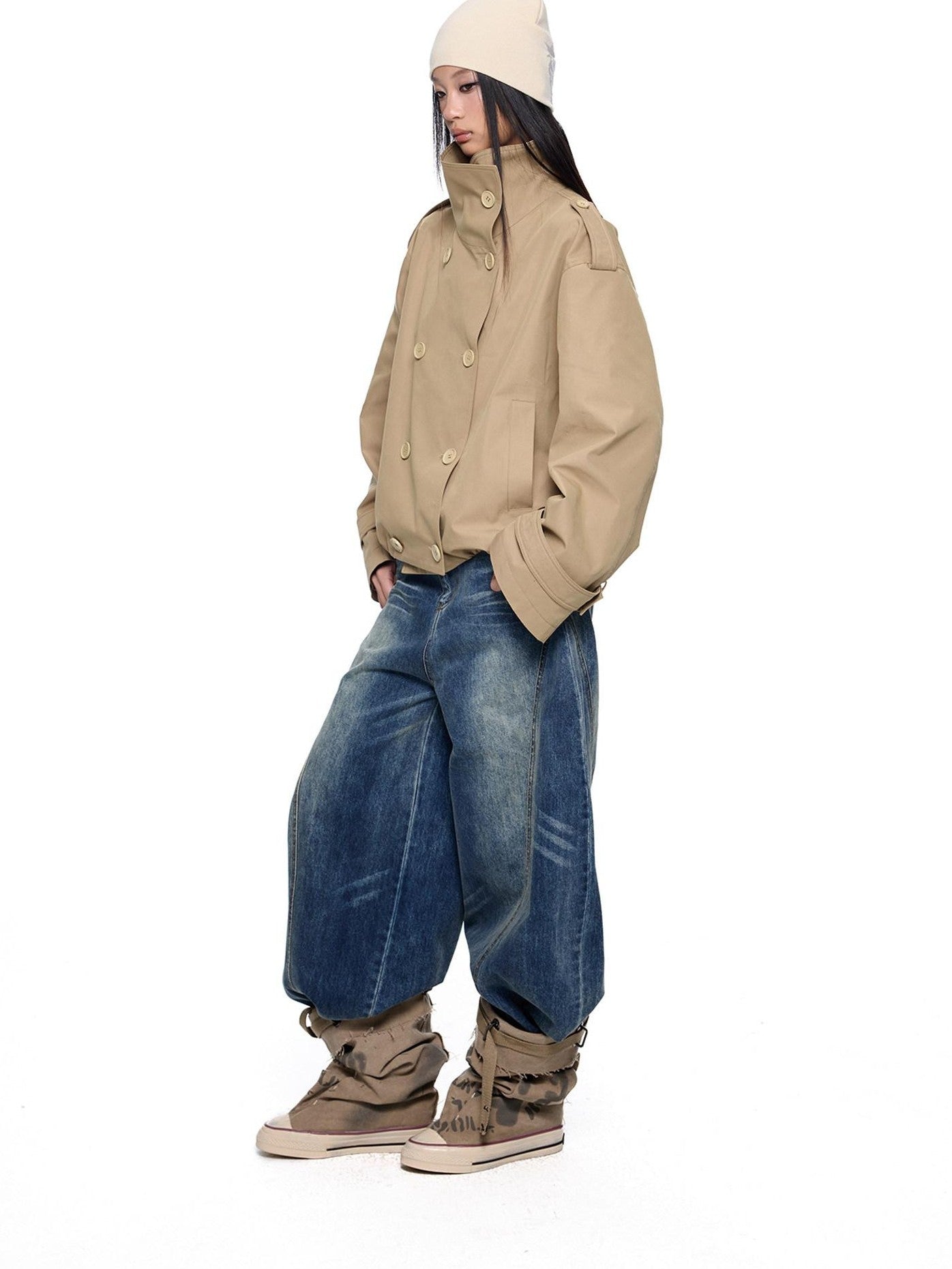 EZEK Double Breasted Stand Collar Pocket Loose Women's Cotton Blend Trench Coats