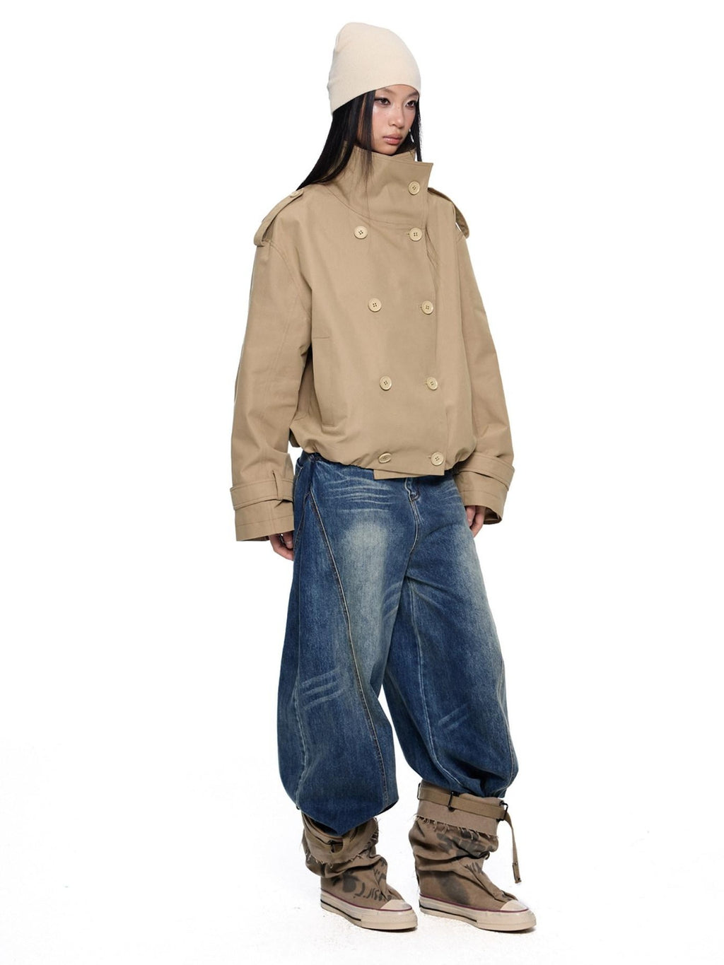 EZEK Double Breasted Stand Collar Pocket Loose Women's Cotton Blend Trench Coats