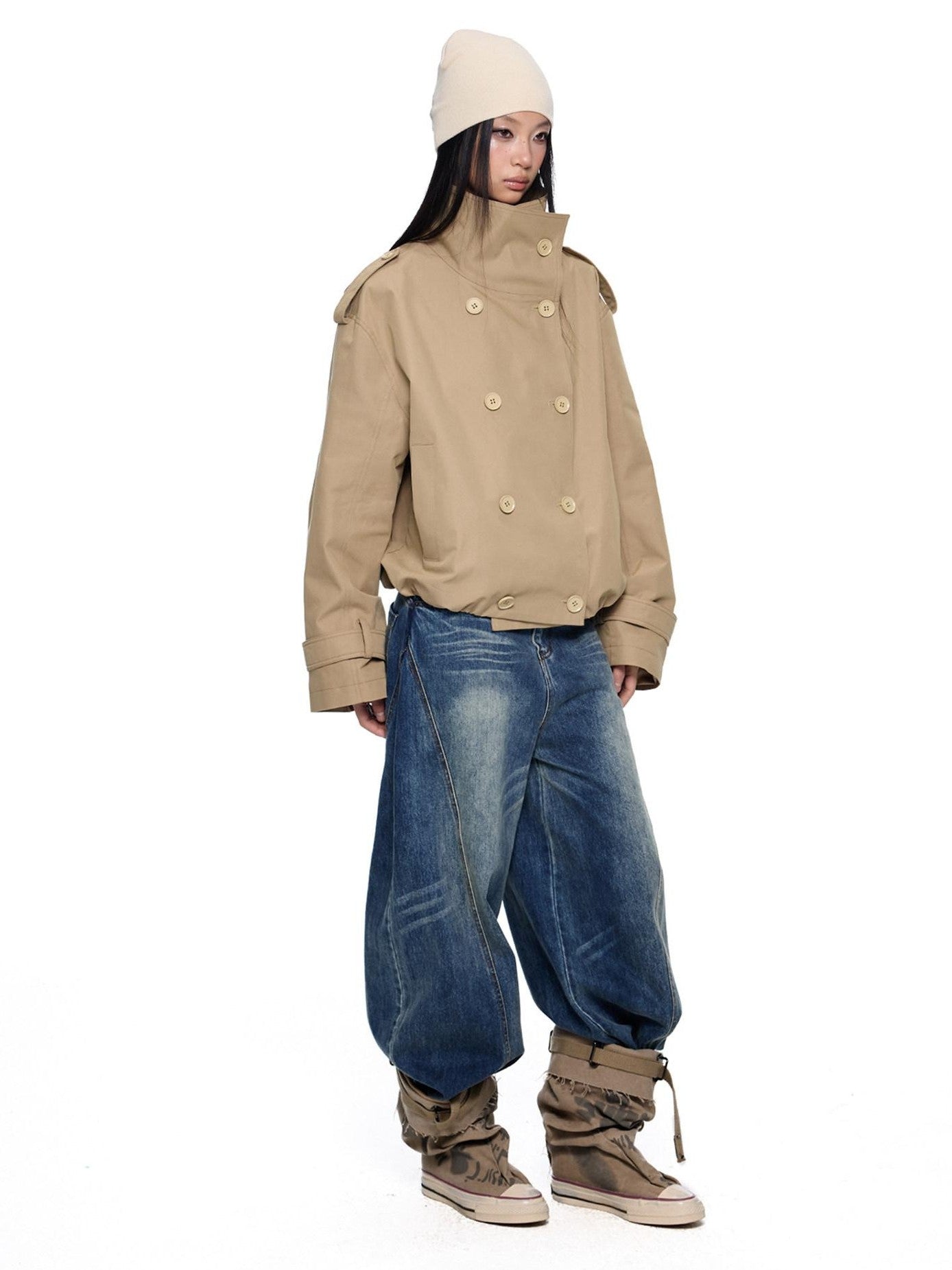 EZEK Double Breasted Stand Collar Pocket Loose Women's Cotton Blend Trench Coats