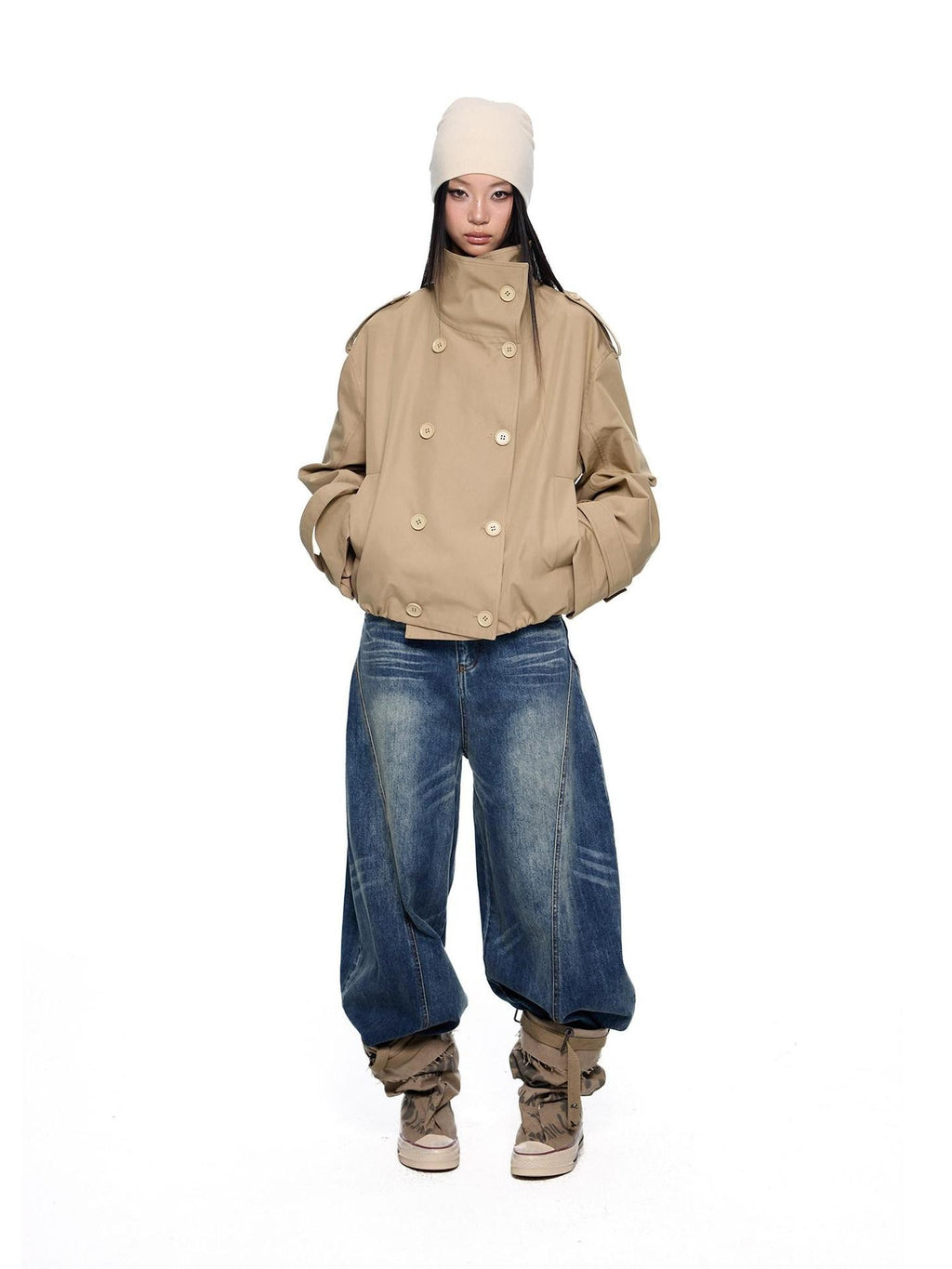 EZEK Double Breasted Stand Collar Pocket Loose Women's Cotton Blend Trench Coats