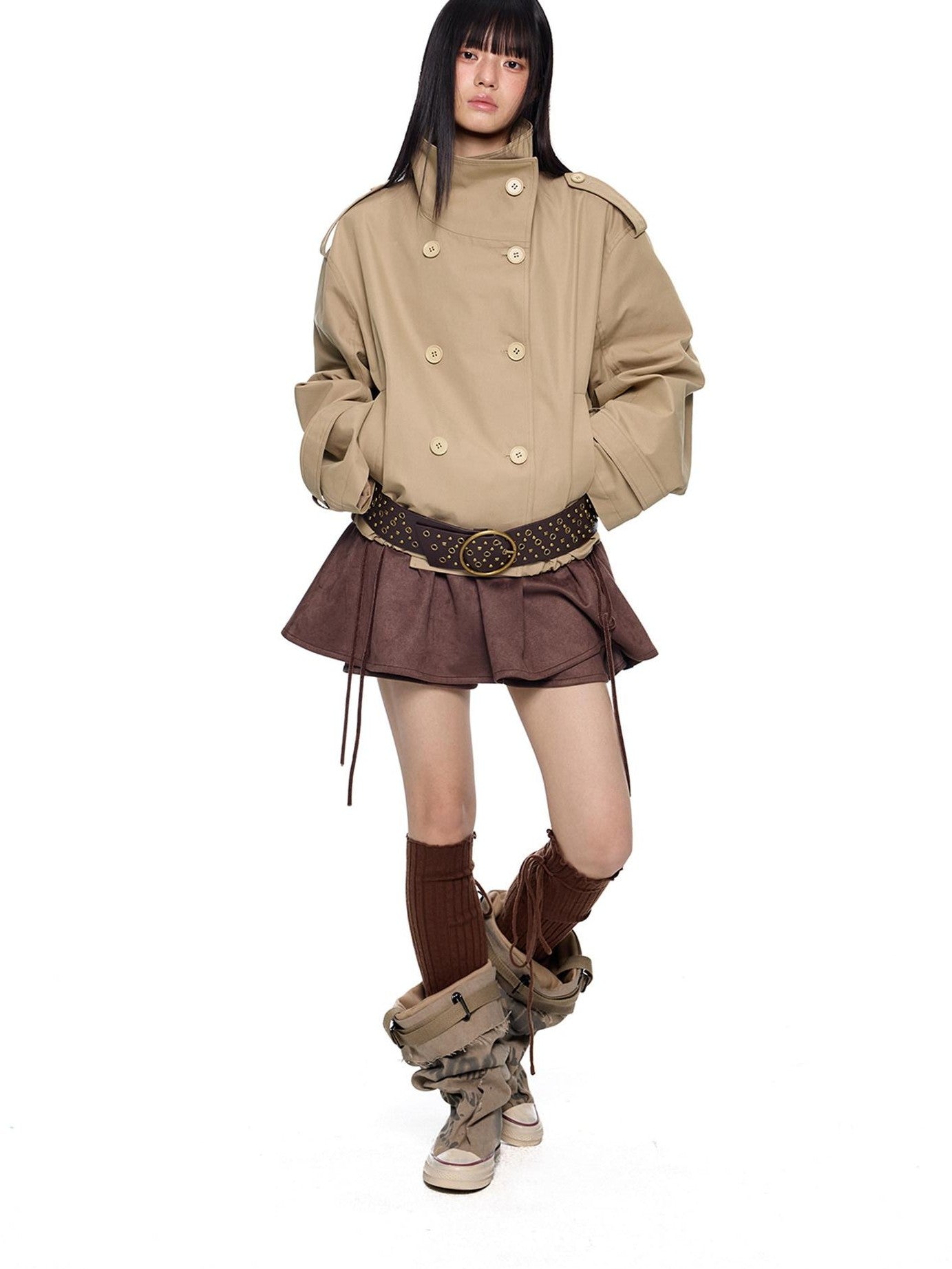 EZEK Double Breasted Stand Collar Pocket Loose Women's Cotton Blend Trench Coats