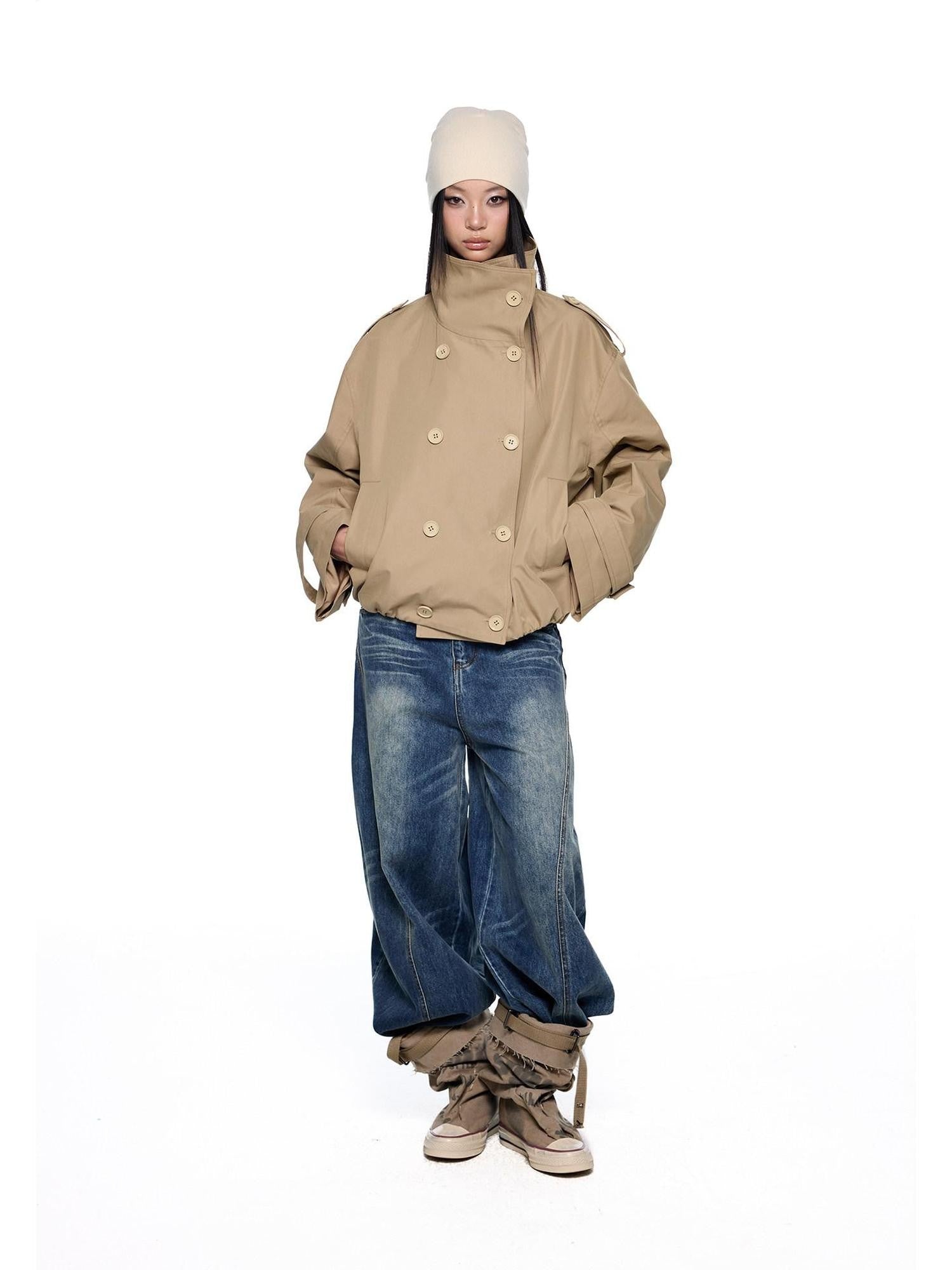 EZEK Double Breasted Stand Collar Pocket Loose Women's Cotton Blend Trench Coats