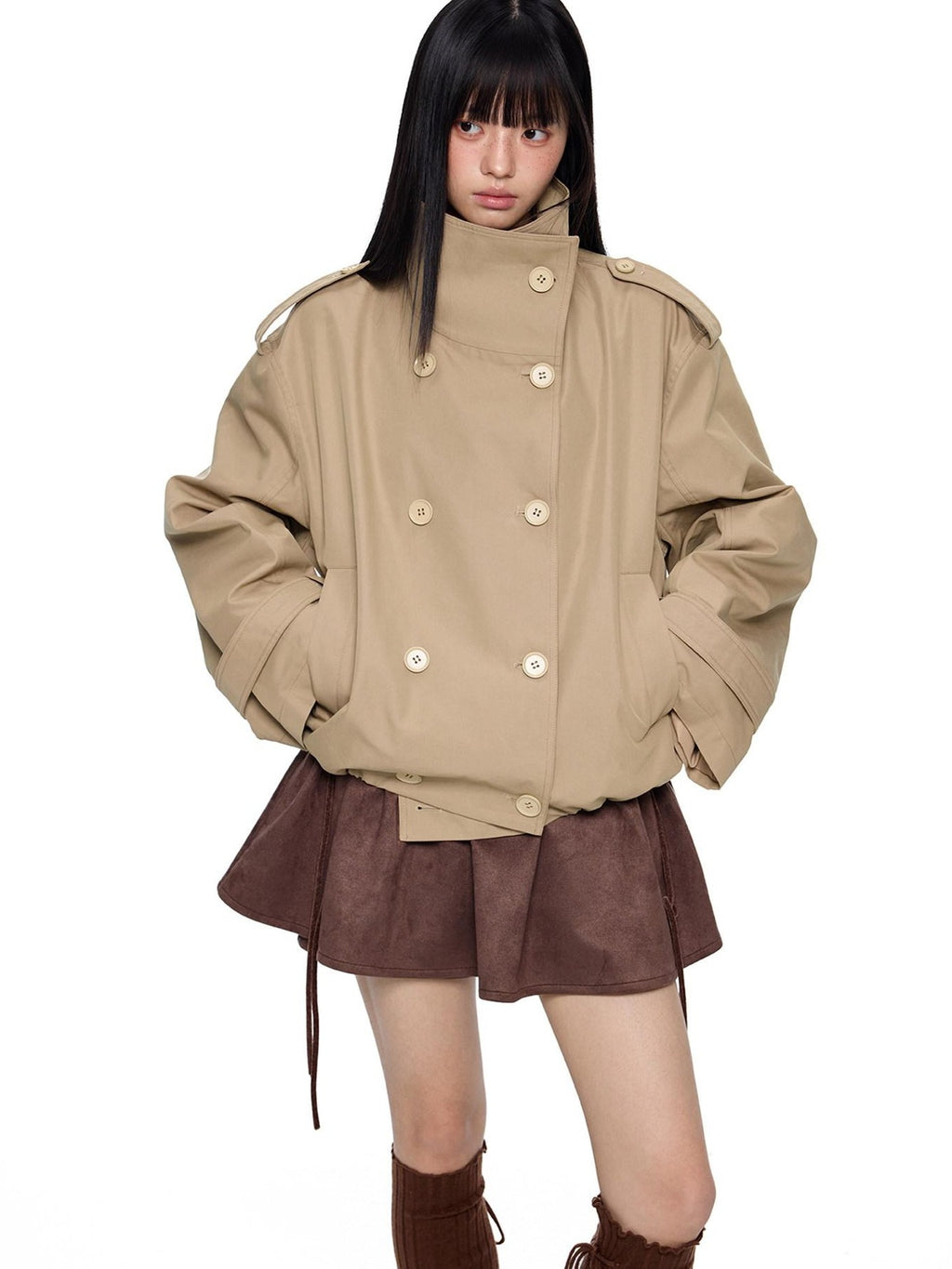 EZEK Double Breasted Stand Collar Pocket Loose Women's Cotton Blend Trench Coats