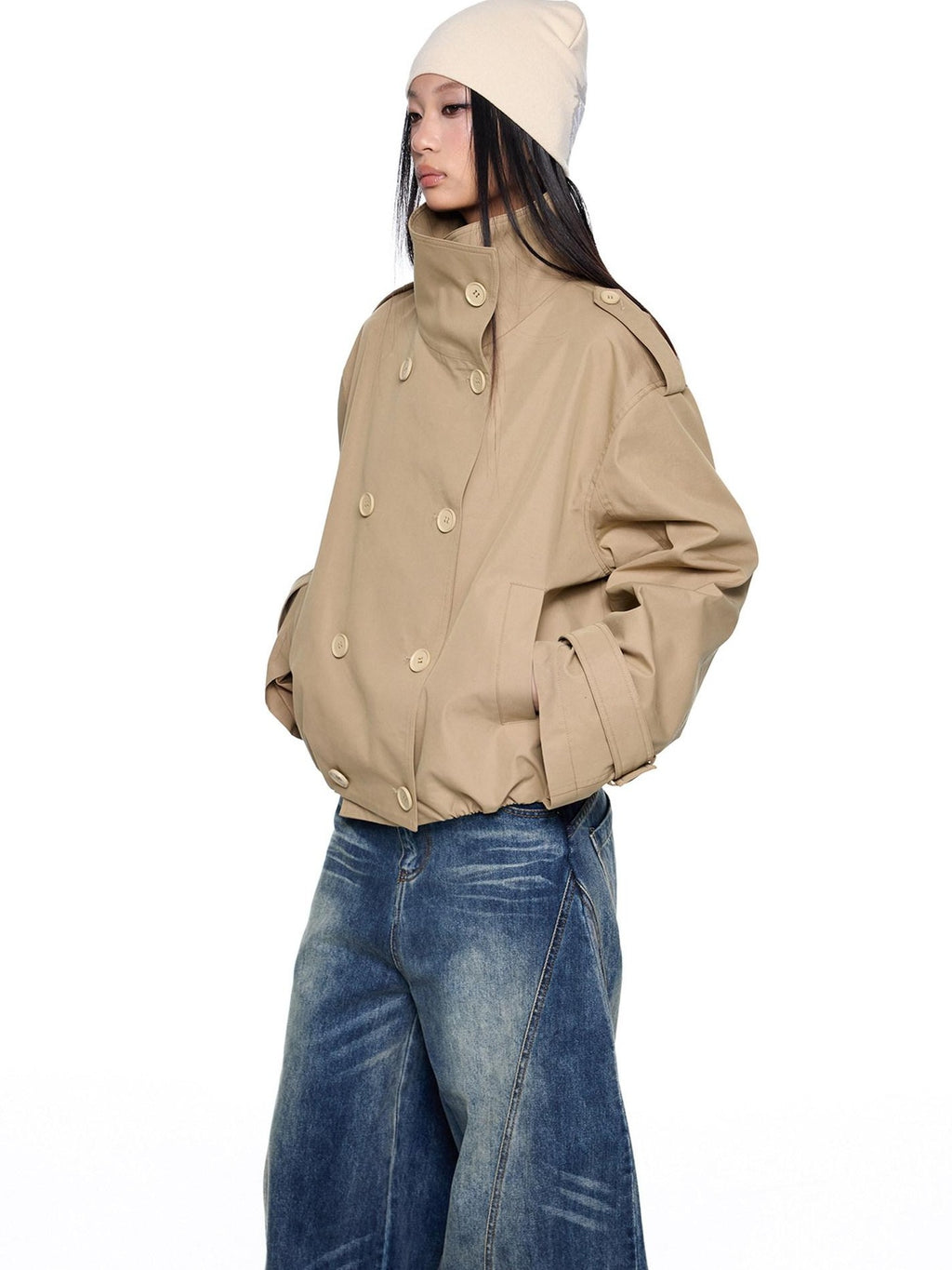 EZEK Double Breasted Stand Collar Pocket Loose Women's Cotton Blend Trench Coats