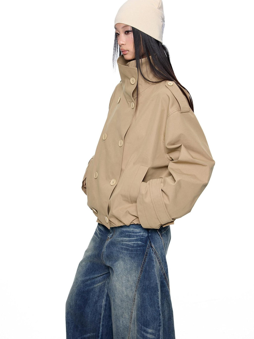 EZEK Double Breasted Stand Collar Pocket Loose Women's Cotton Blend Trench Coats