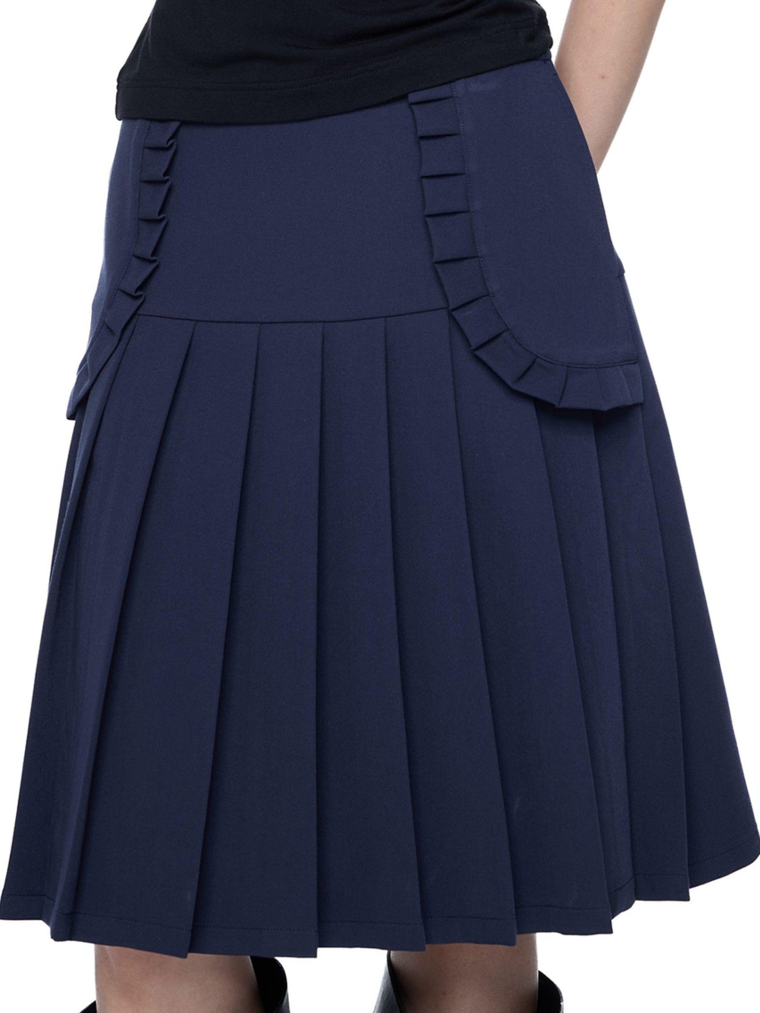 EZEK Draped Navy Pleated A Line High Waist Women's Polyester Blend Midi Skirts