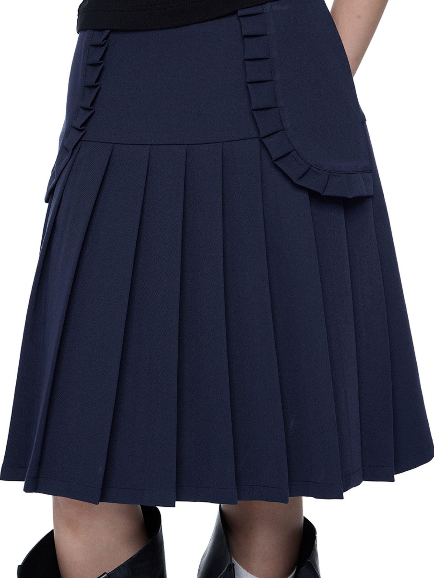 EZEK Draped Navy Pleated A Line High Waist Women's Polyester Blend Midi Skirts