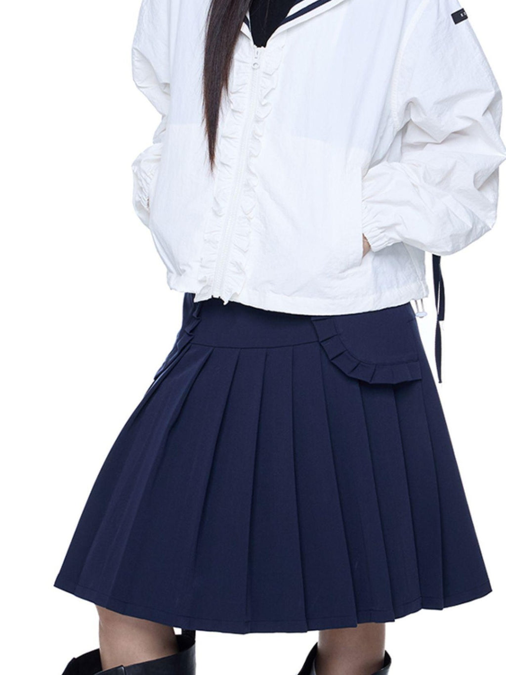 EZEK Draped Navy Pleated A Line High Waist Women's Polyester Blend Midi Skirts