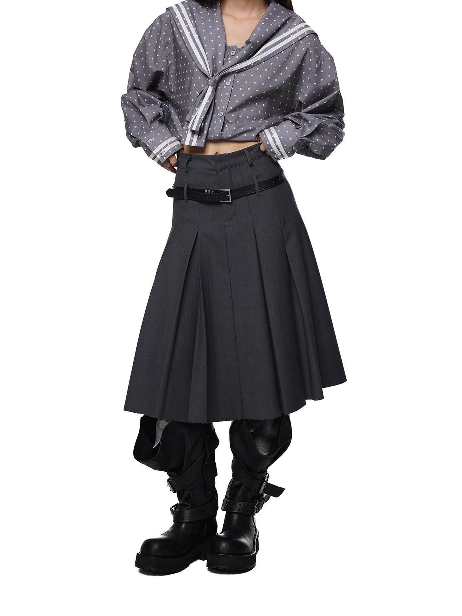 EZEK Drapey Deep Gray Pleated High Waist A Line Women's Polyester Midi Skirts