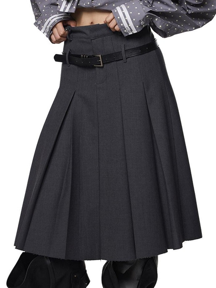 EZEK Drapey Deep Gray Pleated High Waist A Line Women's Polyester Midi Skirts