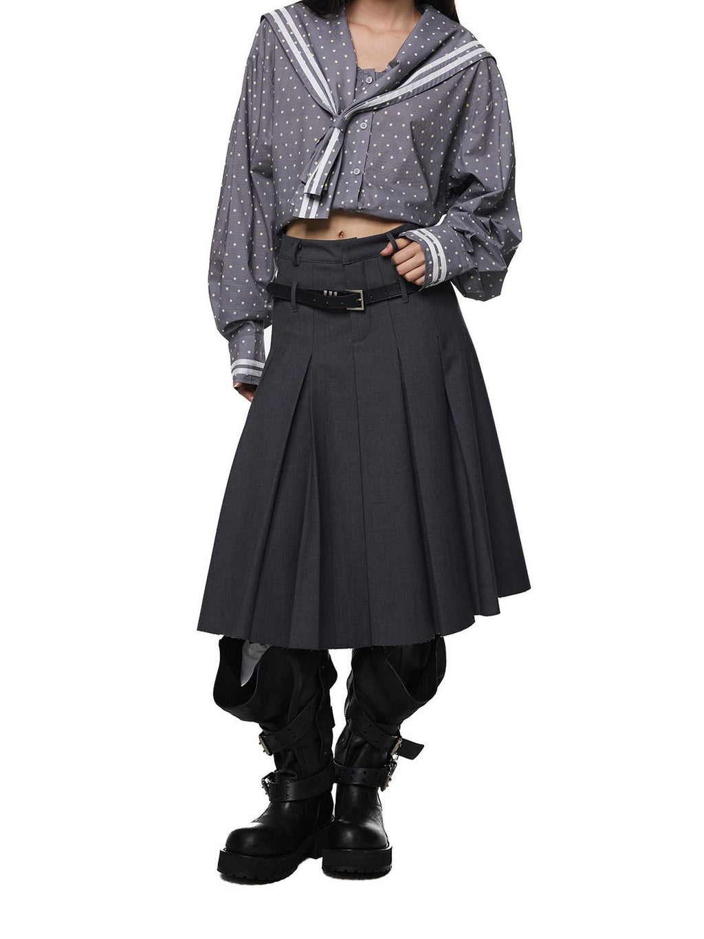 EZEK Drapey Deep Gray Pleated High Waist A Line Women's Polyester Midi Skirts