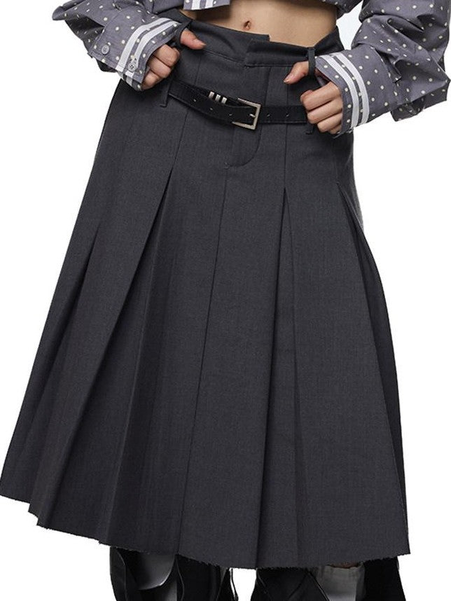 EZEK Drapey Deep Gray Pleated High Waist A Line Women's Polyester Midi Skirts