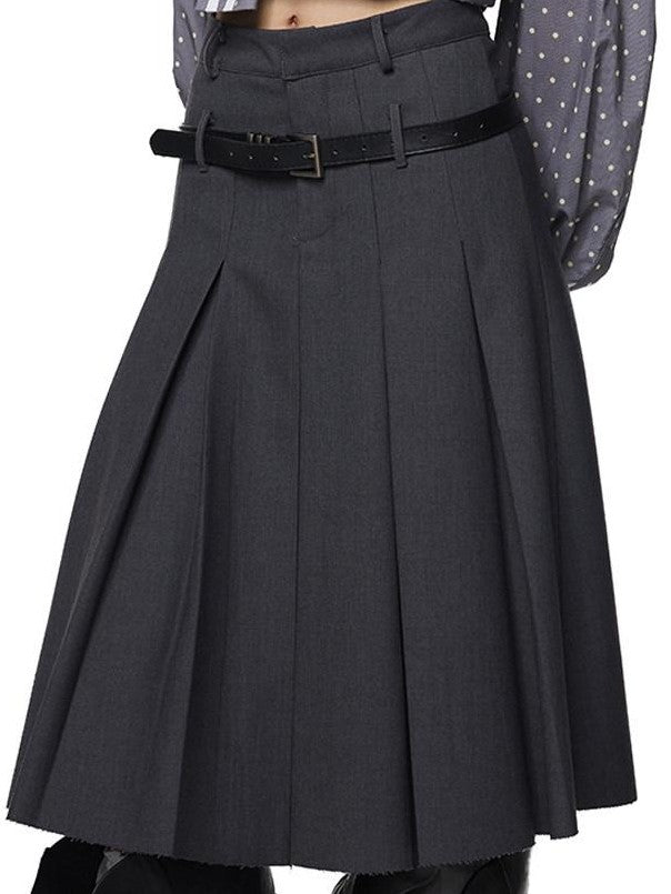 EZEK Drapey Deep Gray Pleated High Waist A Line Women's Polyester Midi Skirts