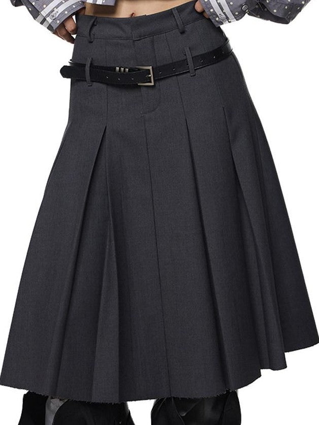 EZEK Drapey Deep Gray Pleated High Waist A Line Women's Polyester Midi Skirts