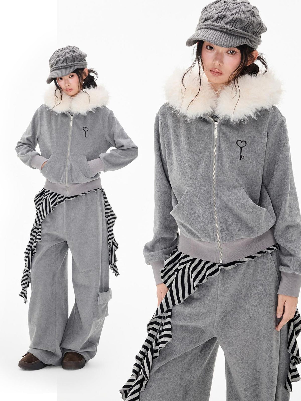 EZEK Embroidered Hooded Zip Up Loose Vintage Pocket Women's Casual Top & Skirt Sets