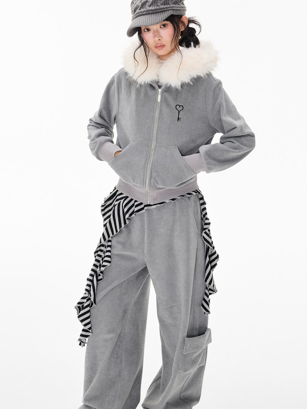 EZEK Embroidered Hooded Zip Up Loose Vintage Pocket Women's Casual Top & Skirt Sets