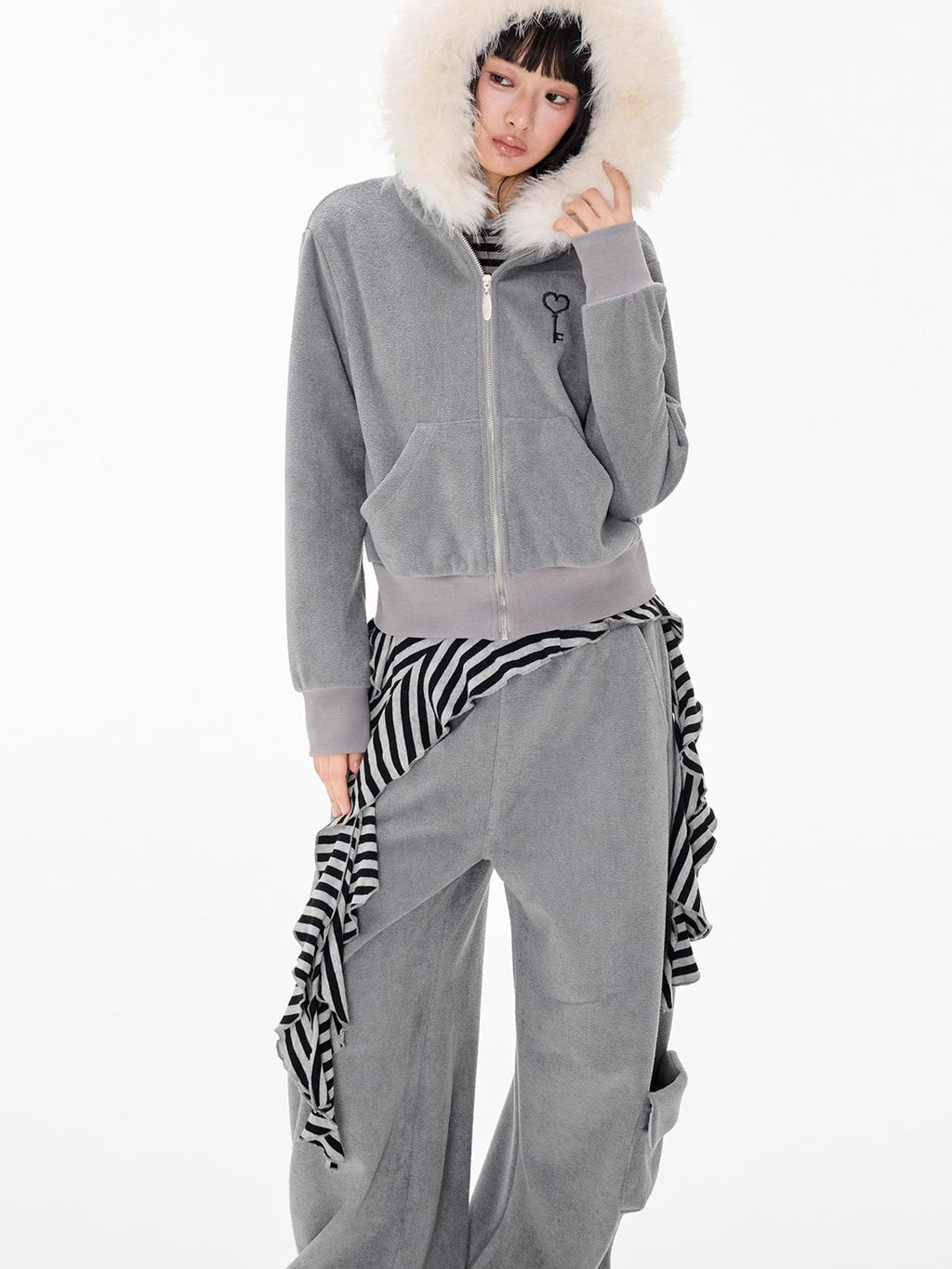 EZEK Embroidered Hooded Zip Up Loose Vintage Pocket Women's Casual Top & Skirt Sets