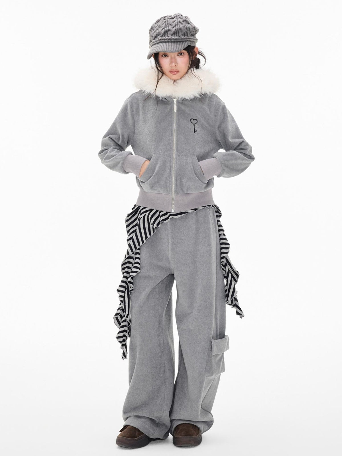 EZEK Embroidered Hooded Zip Up Loose Vintage Pocket Women's Casual Top & Skirt Sets