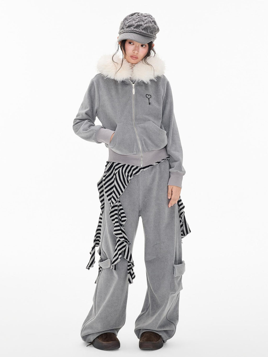 EZEK Embroidered Hooded Zip Up Loose Vintage Pocket Women's Casual Top & Skirt Sets