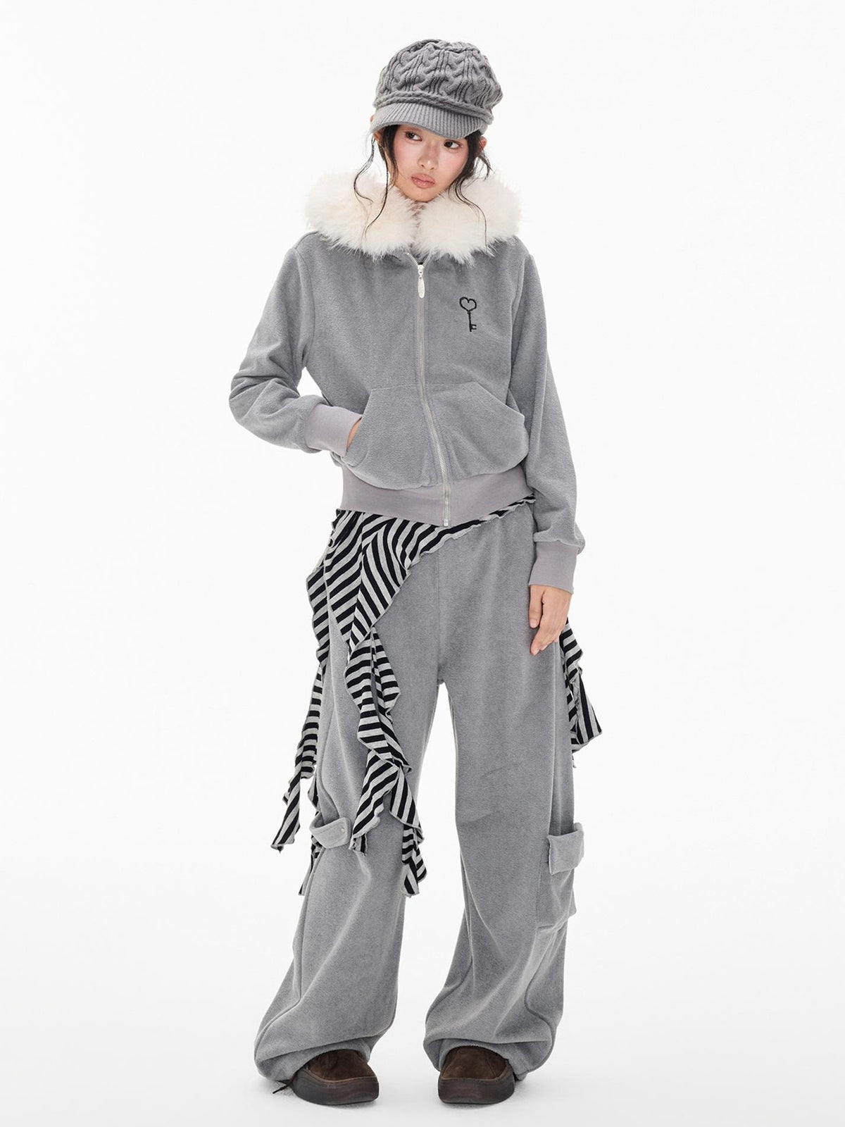 EZEK Embroidered Hooded Zip Up Loose Vintage Pocket Women's Casual Top & Skirt Sets