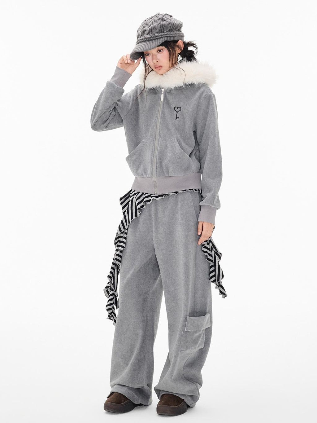 EZEK Embroidered Hooded Zip Up Loose Vintage Pocket Women's Casual Top & Skirt Sets