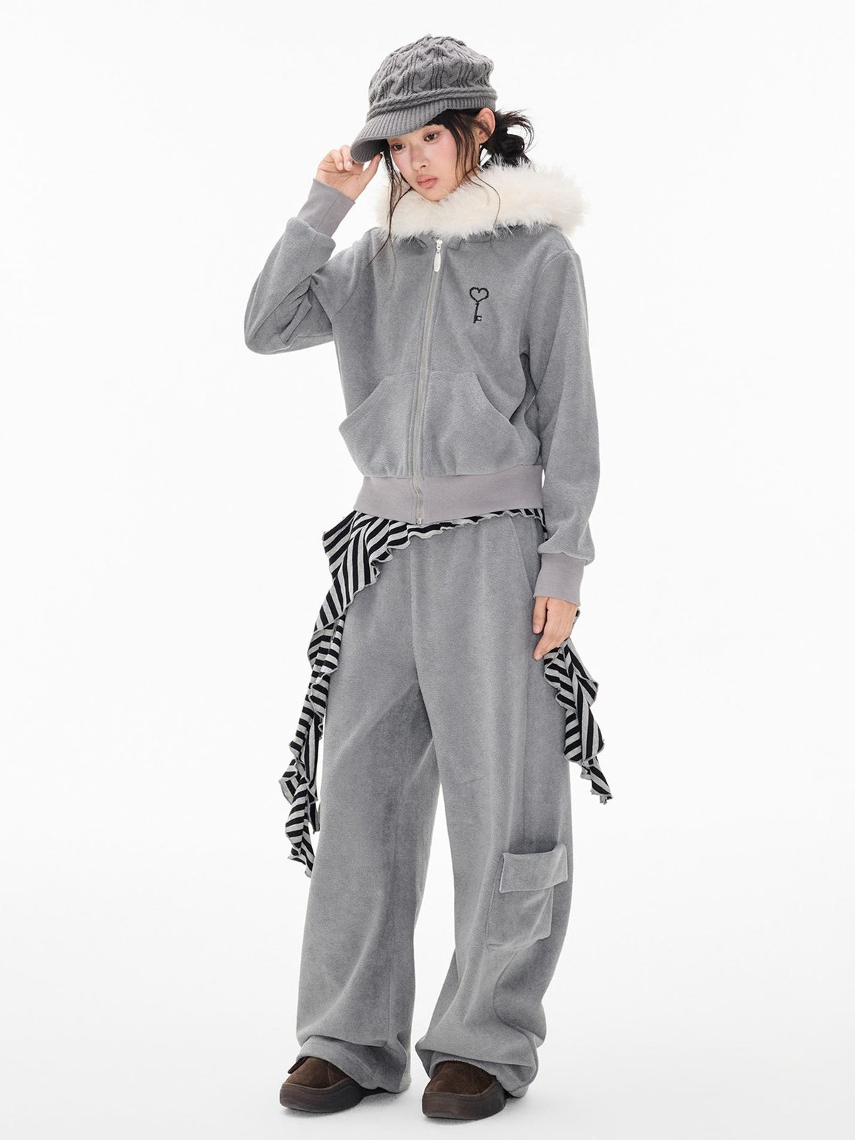 EZEK Embroidered Hooded Zip Up Loose Vintage Pocket Women's Casual Top & Skirt Sets