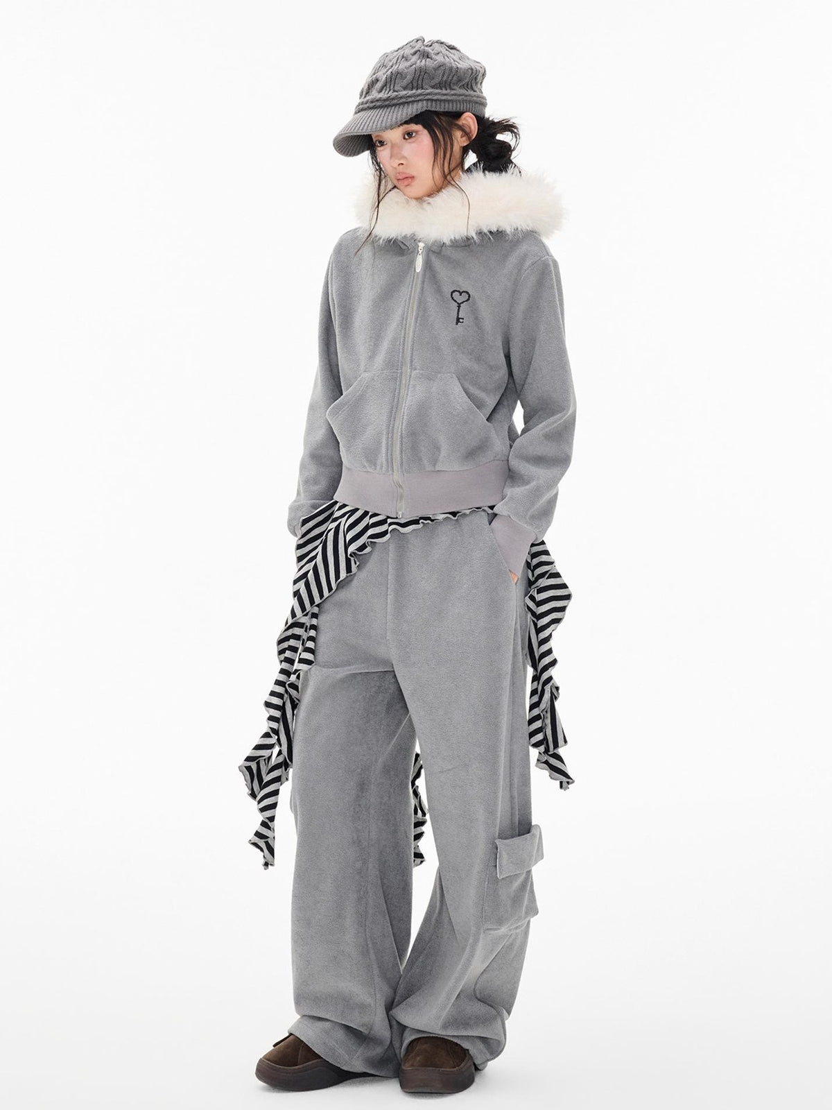 EZEK Embroidered Hooded Zip Up Loose Vintage Pocket Women's Casual Top & Skirt Sets