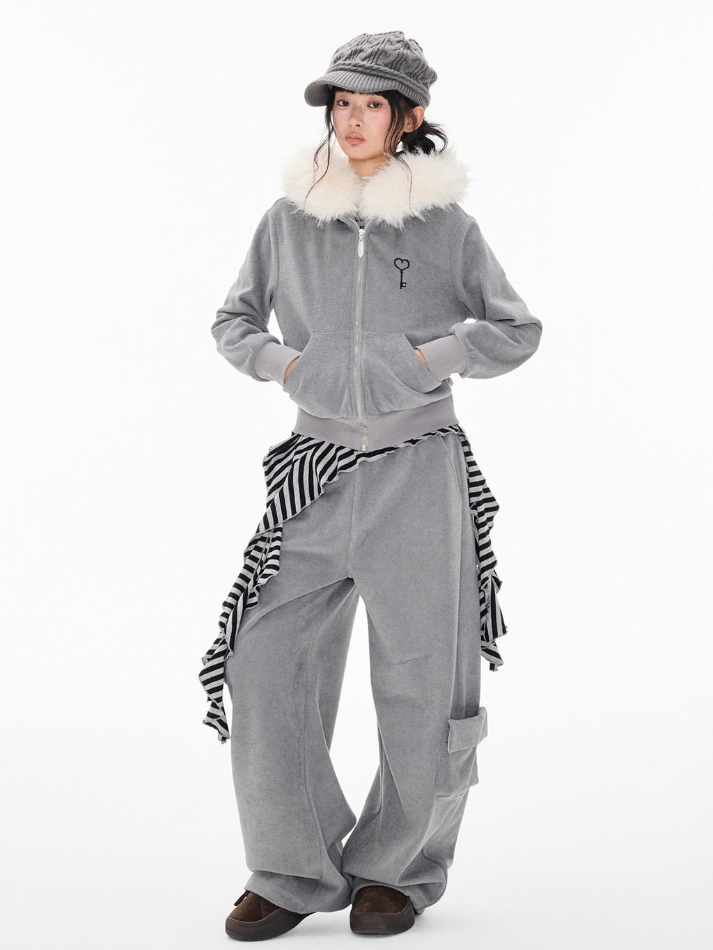 EZEK Embroidered Hooded Zip Up Loose Vintage Pocket Women's Casual Top & Skirt Sets