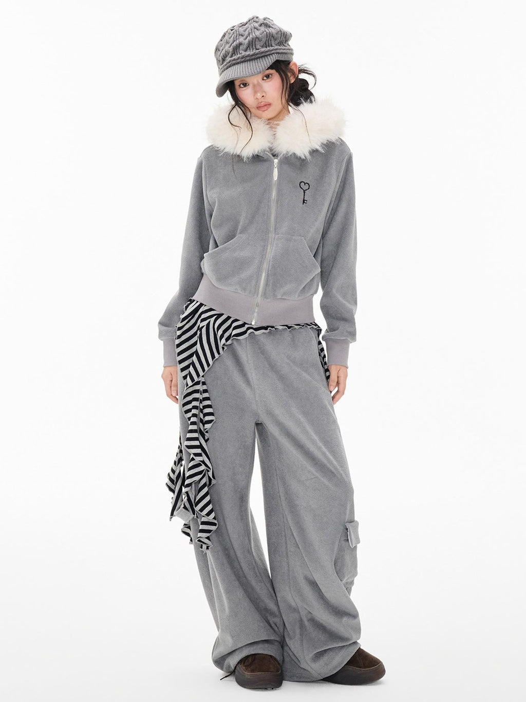EZEK Embroidered Hooded Zip Up Loose Vintage Pocket Women's Casual Top & Skirt Sets
