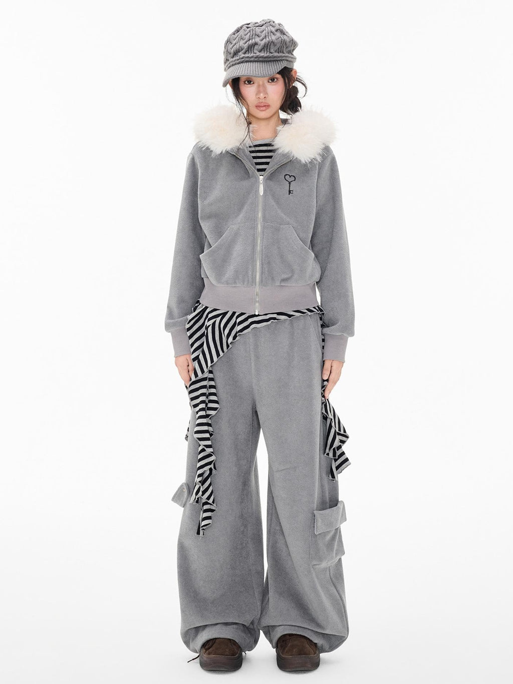 EZEK Embroidered Hooded Zip Up Loose Vintage Pocket Women's Casual Top & Skirt Sets