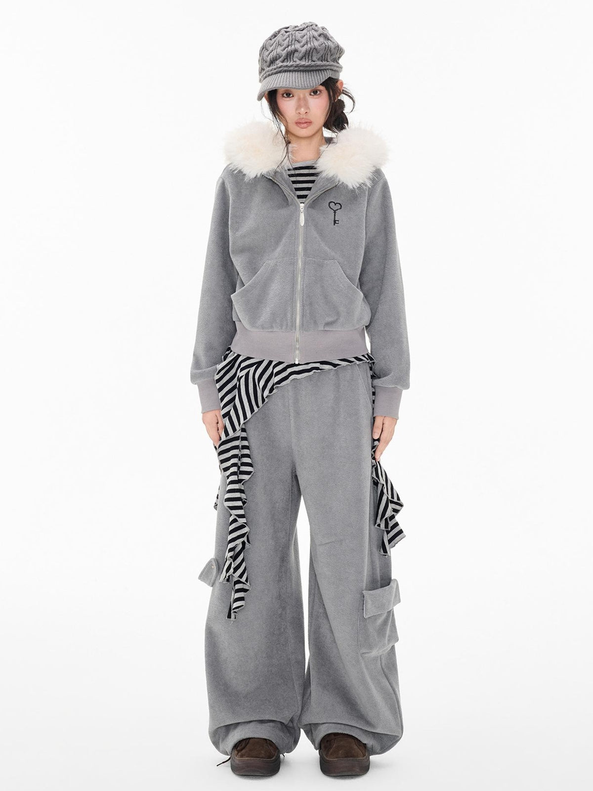 EZEK Embroidered Hooded Zip Up Loose Vintage Pocket Women's Casual Top & Skirt Sets