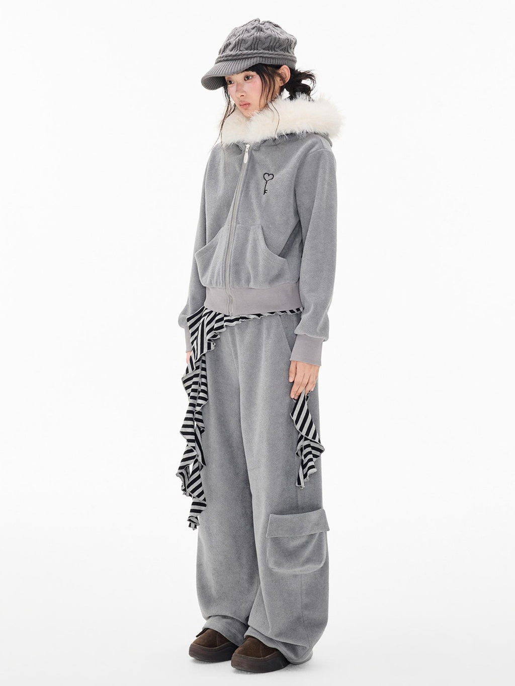 EZEK Embroidered Hooded Zip Up Loose Vintage Pocket Women's Casual Top & Skirt Sets
